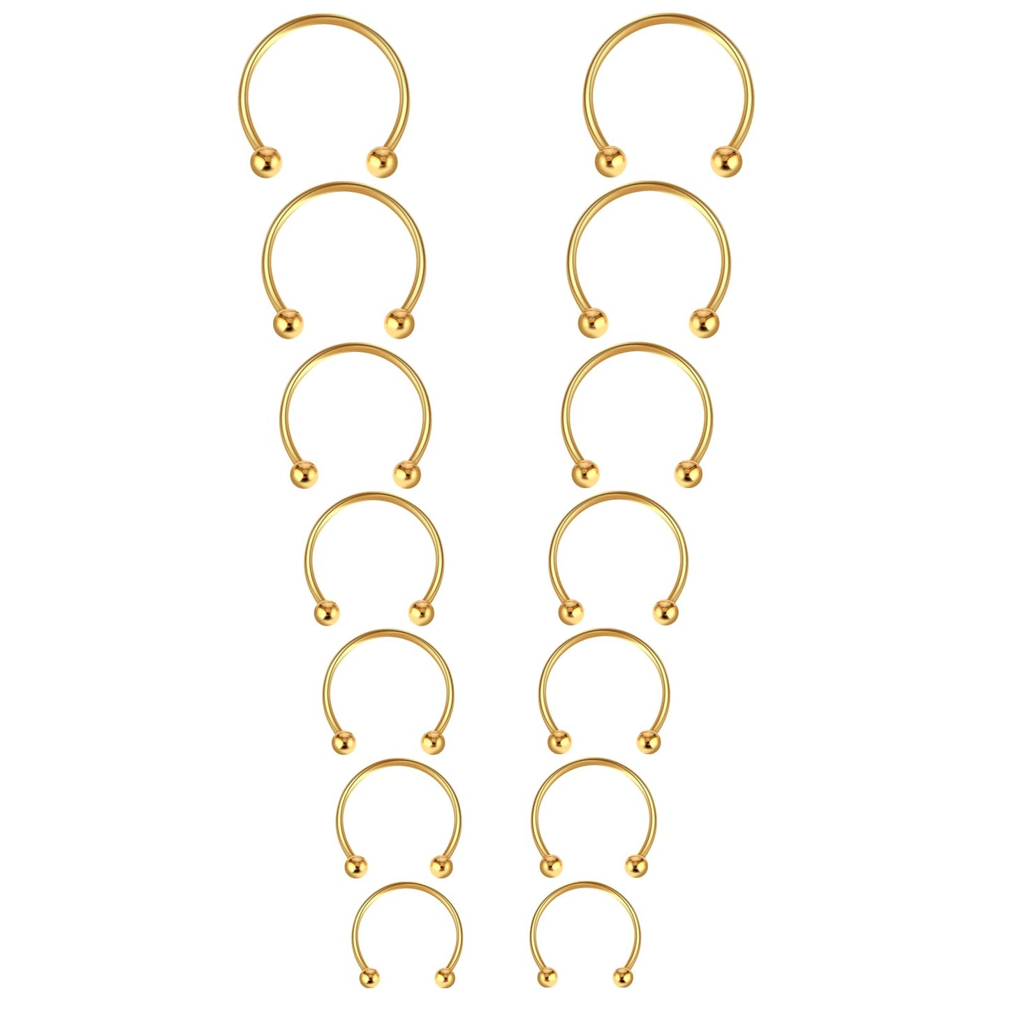 Yolev 7 Pairs Horseshoe Septum Ring, 16G Surgical Steel Horseshoe Rings, 6/7/8/9/10/12/14MM Inner Diameter, Body Piercing Jewelry for Septum, Nose, Cartilage, Lip Piercing(Gold)