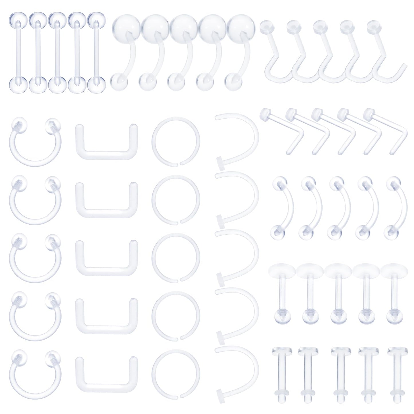 Yolev 55 Pcs Clear Nose Studs, Acrylic Piercing Retainer Set, Flexible Nose Septum Lip Ear Eyebrow Nipple Tongue Belly Button Rings Cartilage Tragus Earrings Retainer
