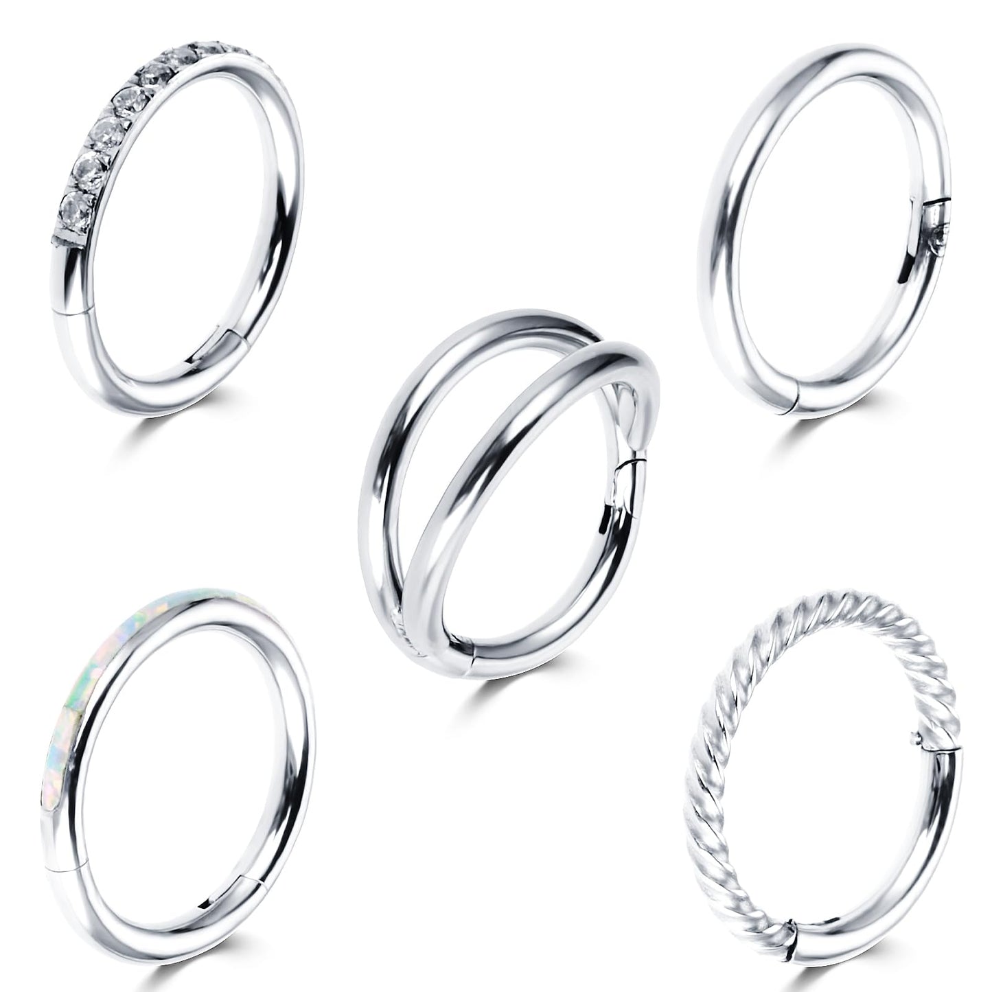 Yolev 5Pcs 18G Nose Rings Hoops Hinged Clicker Septum Ring CZ Tragus Cartilage Double Nose Ring Silver Nose Body Piercing Jewelry for Women Men(10MM)