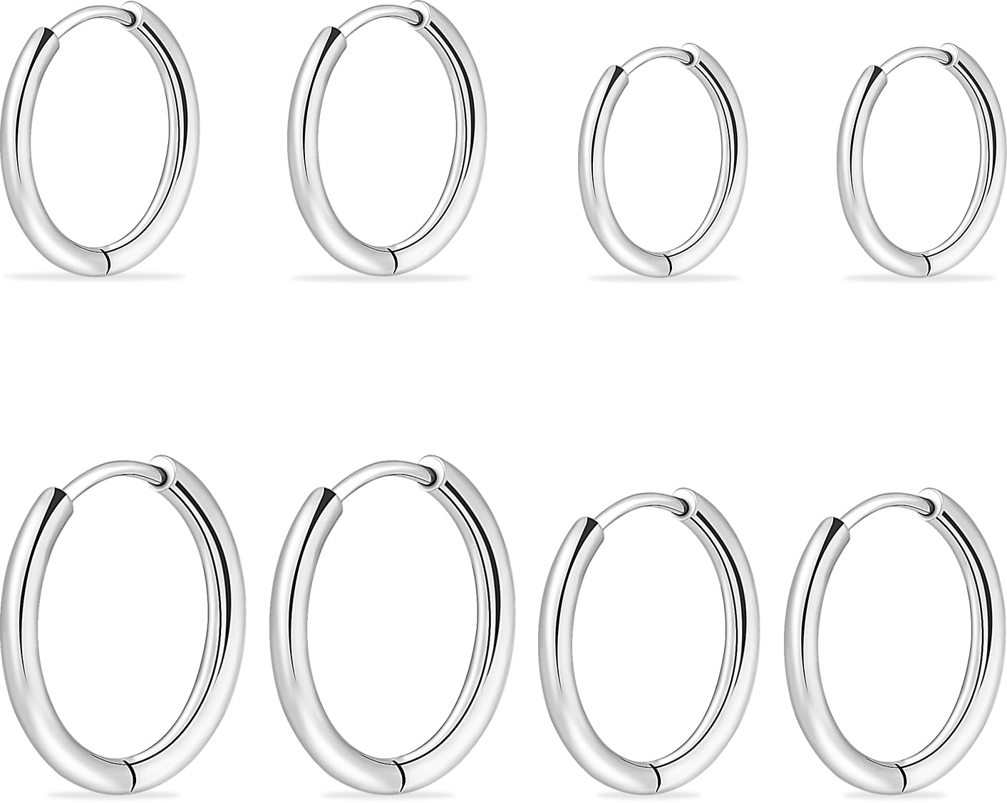 Hoop Earrings 4 Pairs Stainless Steel Earrings 10/12/14/16mm Hypoallergenic Earrings Huggie Earrings Silver Hoop Earrings for Women Boys Girls