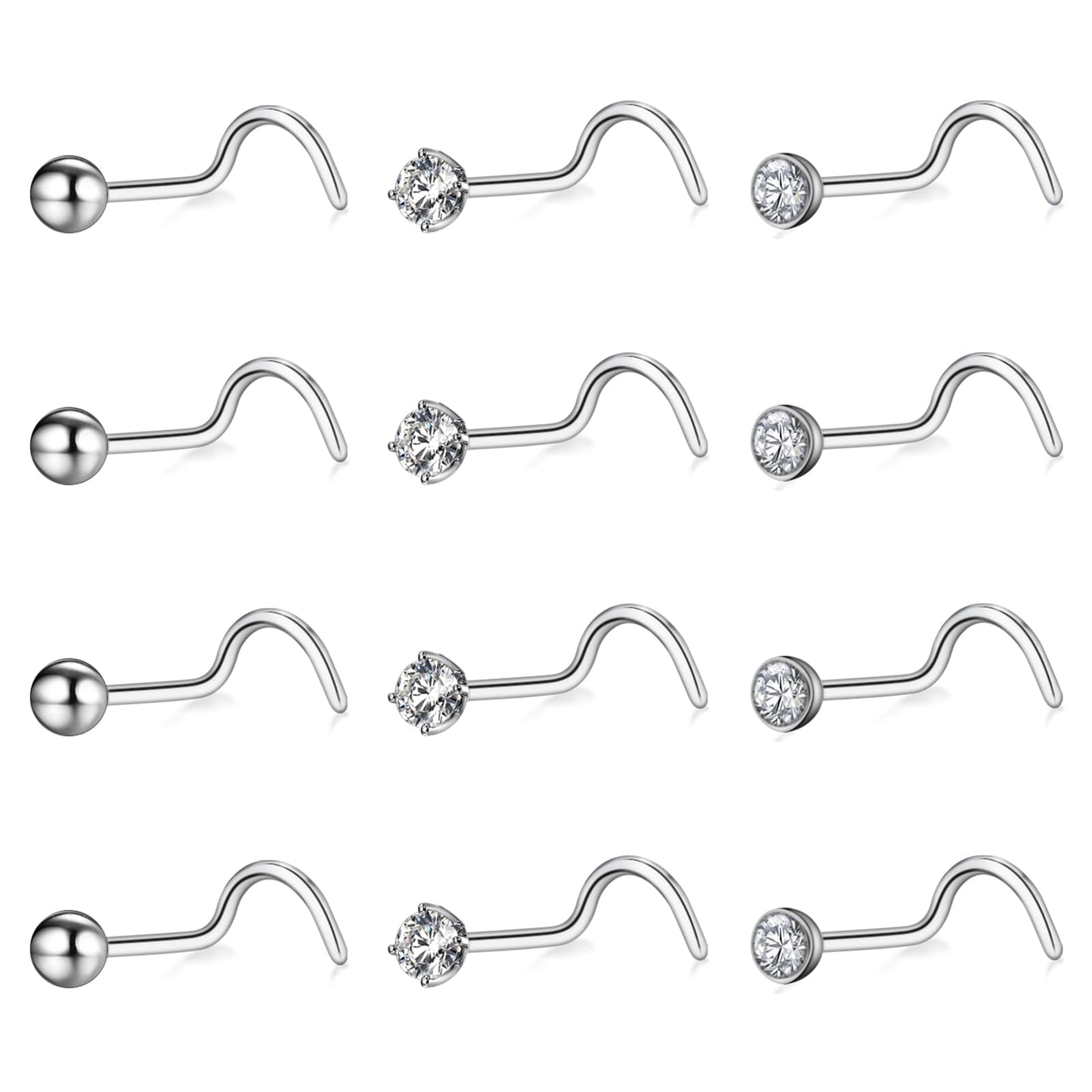 9PCS Stainless Steel Nose Screw Nose Studs with Cubic Zirconia Nose Piercing Jewelry for Women Men