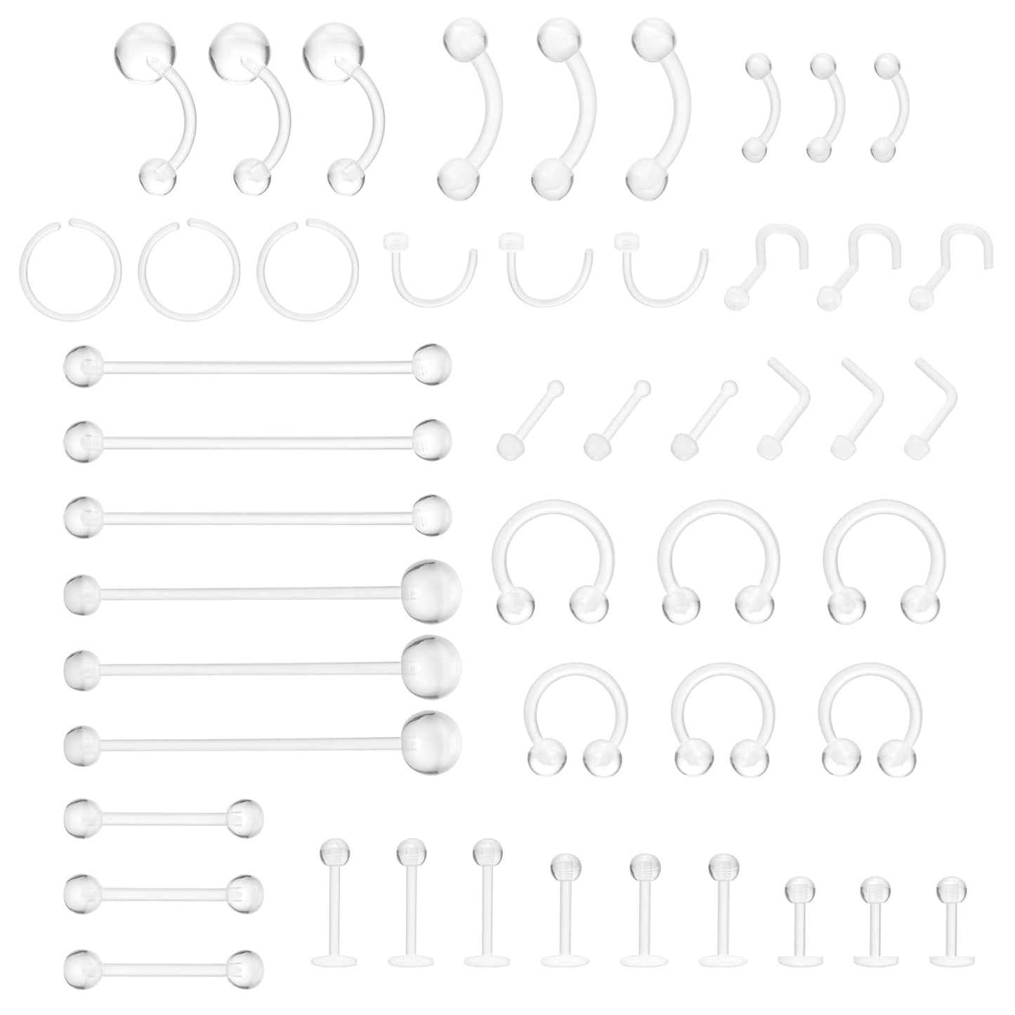 Lusofie 48Pcs Clear Piercing Jewelry Piercing Retainer Acrylic Clear Septum Ring Clear Nose Studs Rings Lip Cartilage Tongue Belly Eyebrow Tragus Earring Barbell for Work