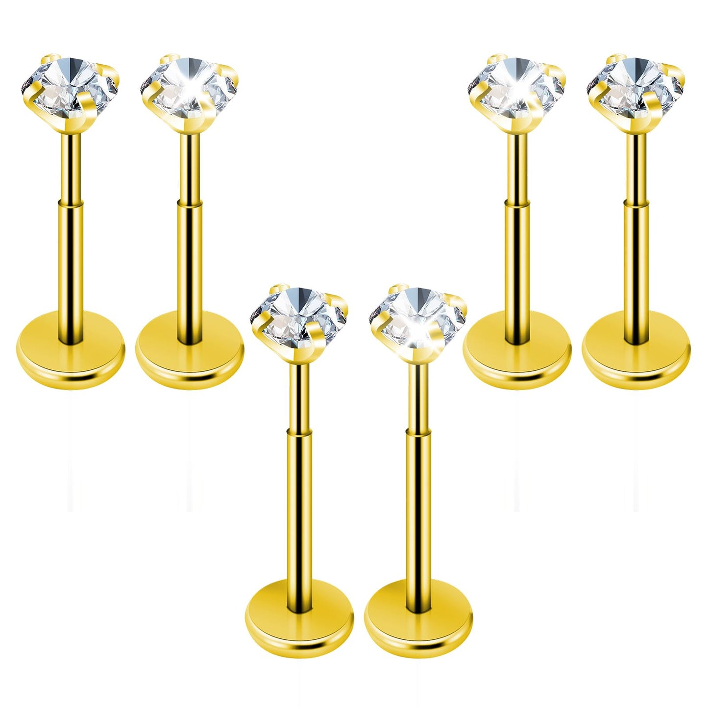 6Pcs Tragus Piercing Jewelry for Women Surgical Steel Flatback Stud Earrings, Hypoallergenic Threadless Push in Nose Rings for Cartilage Earring (Gold)