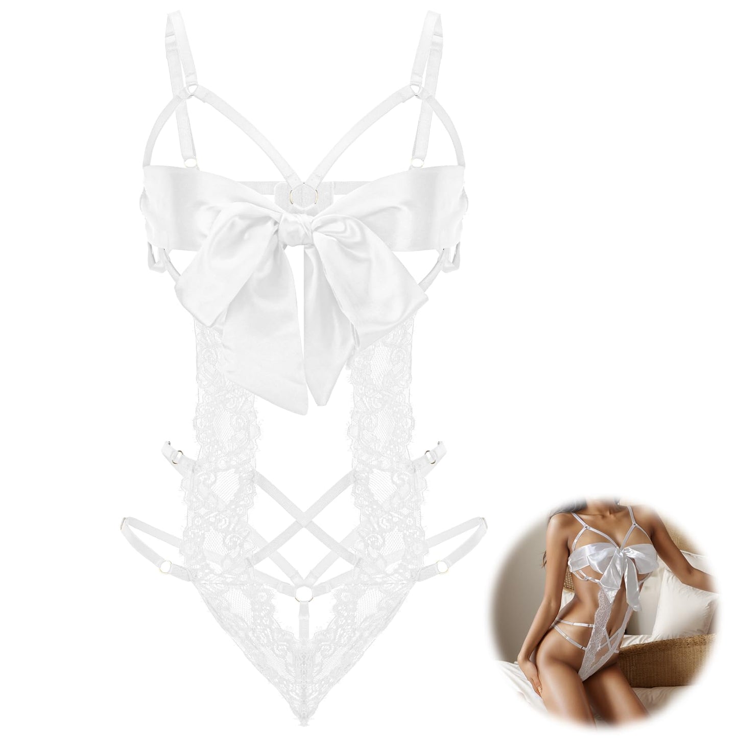 Telooco Sexy Lingerie for Women Lace Bodysuit One Piece Naughty Lingerie Unwrap Me Big Bownot Lingerie(White)