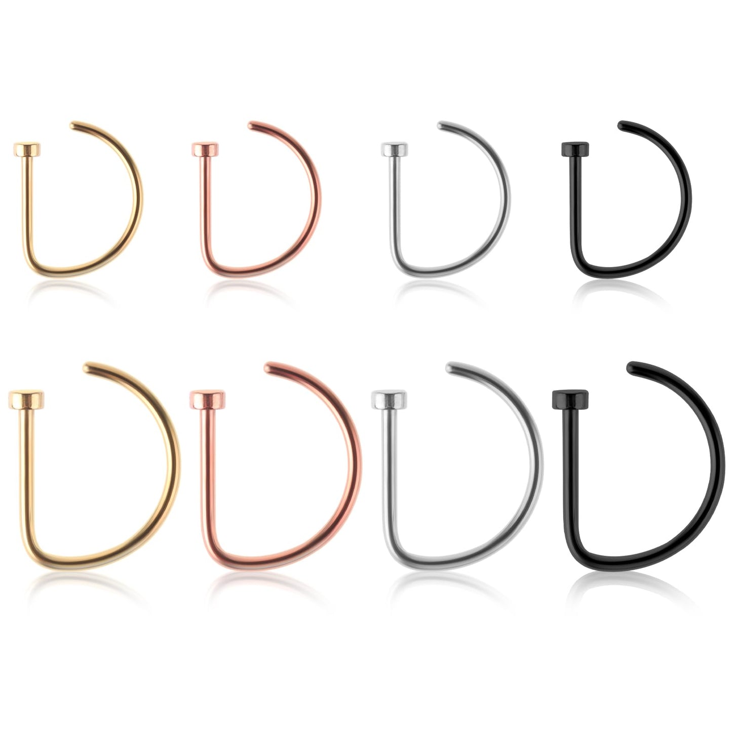 8PCS Titanium Fake Nose Ring Hoops Set D Shaped Fake Nose Ring Hoops Set, Silver Faux Nose Rings Nose Hoops, Screw Nose Studs Diamond Small Piercing Jewelry for Women Men