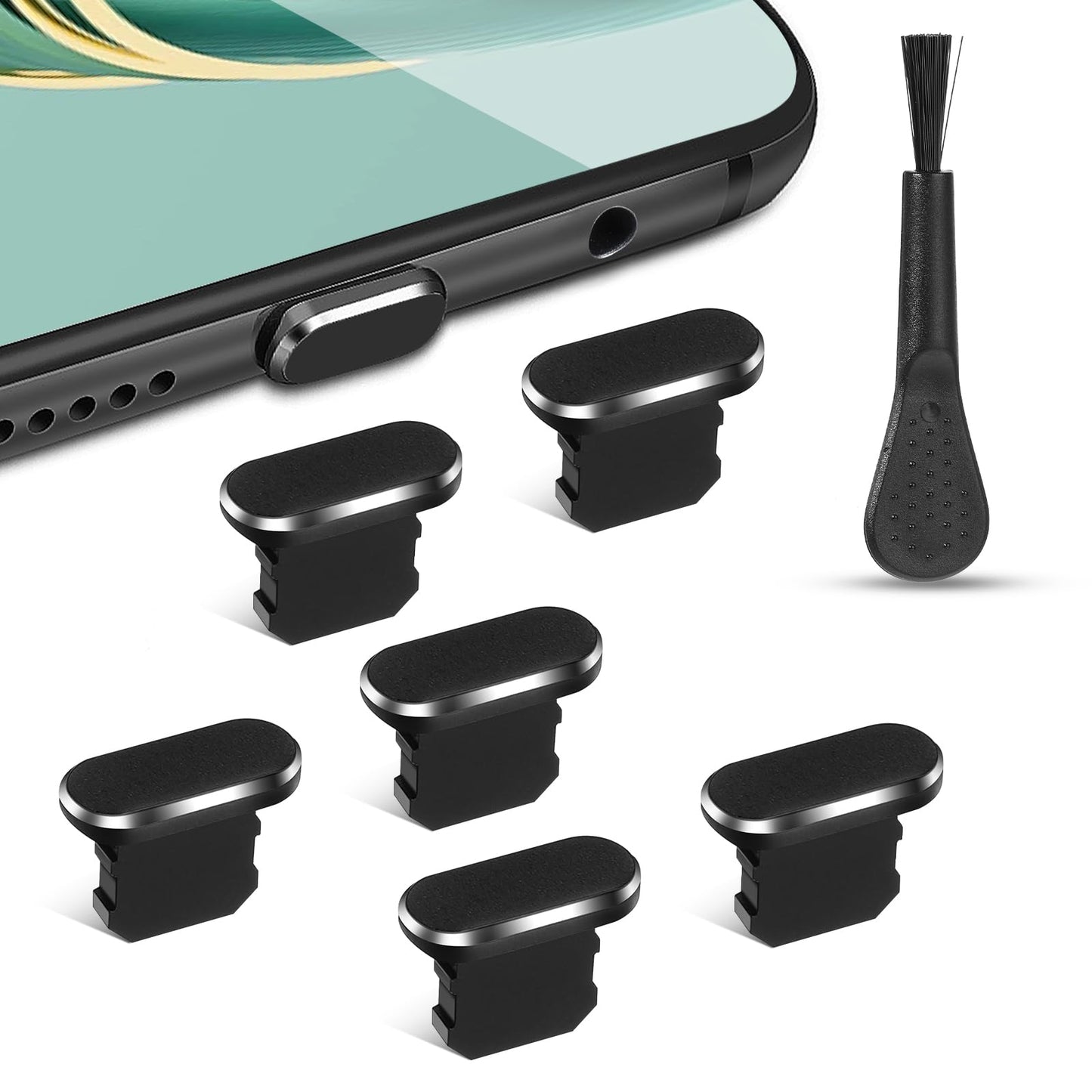 Yolev 6Pcs USB C Dust Plug, Dust Plug Compatible with Mobile Phone and flat,0.95 * 0.74cm Charging Port Protector Cap with 1Pcs Cleaning Brush for All USB C Devices( Black)