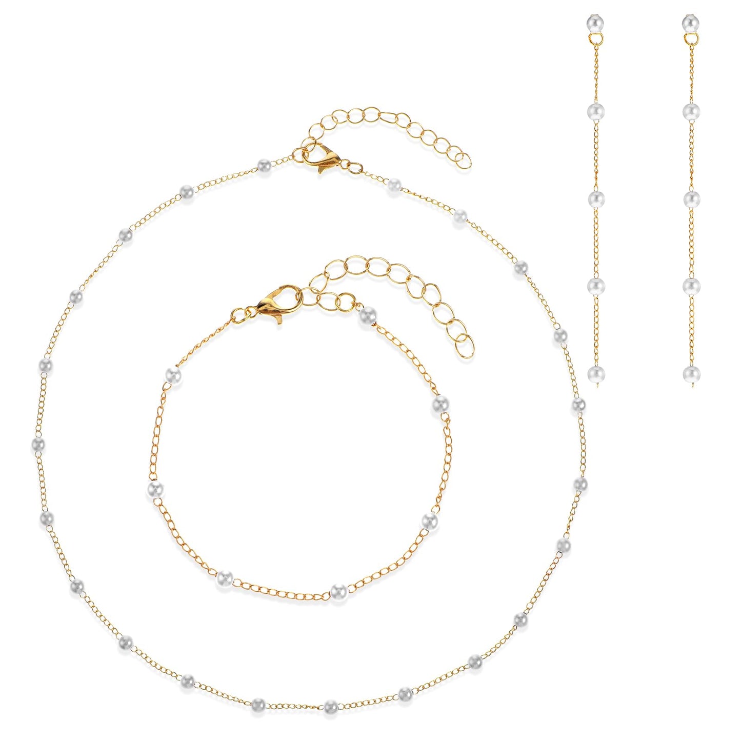 Dainty Pearl Jewelry Set for Women Gold Faux Pearl Necklaces Earring Adjustable Pearl Bracelet Drop Earrings Pearl Choker Necklace Wedding Jewelry for Prom Wedding Bridal Bridesmaid