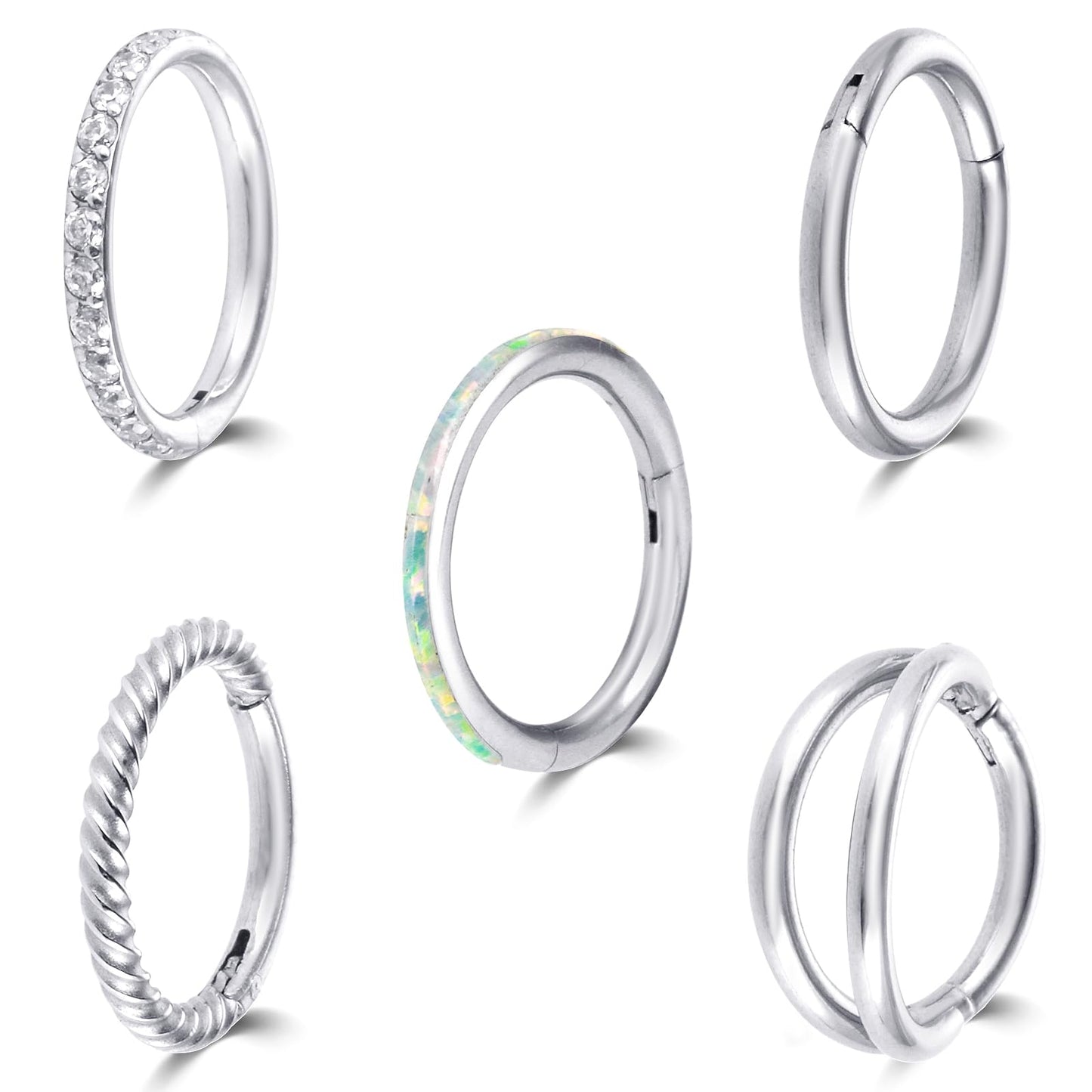 Lusofie 5Pcs 18G Hinged Nose Rings Silver Nose Rings Hoops Septum Ring Clicker CZ Tragus Cartilage Double Nose Ring Nose Body Piercing Jewelry for Women Men(8MM)