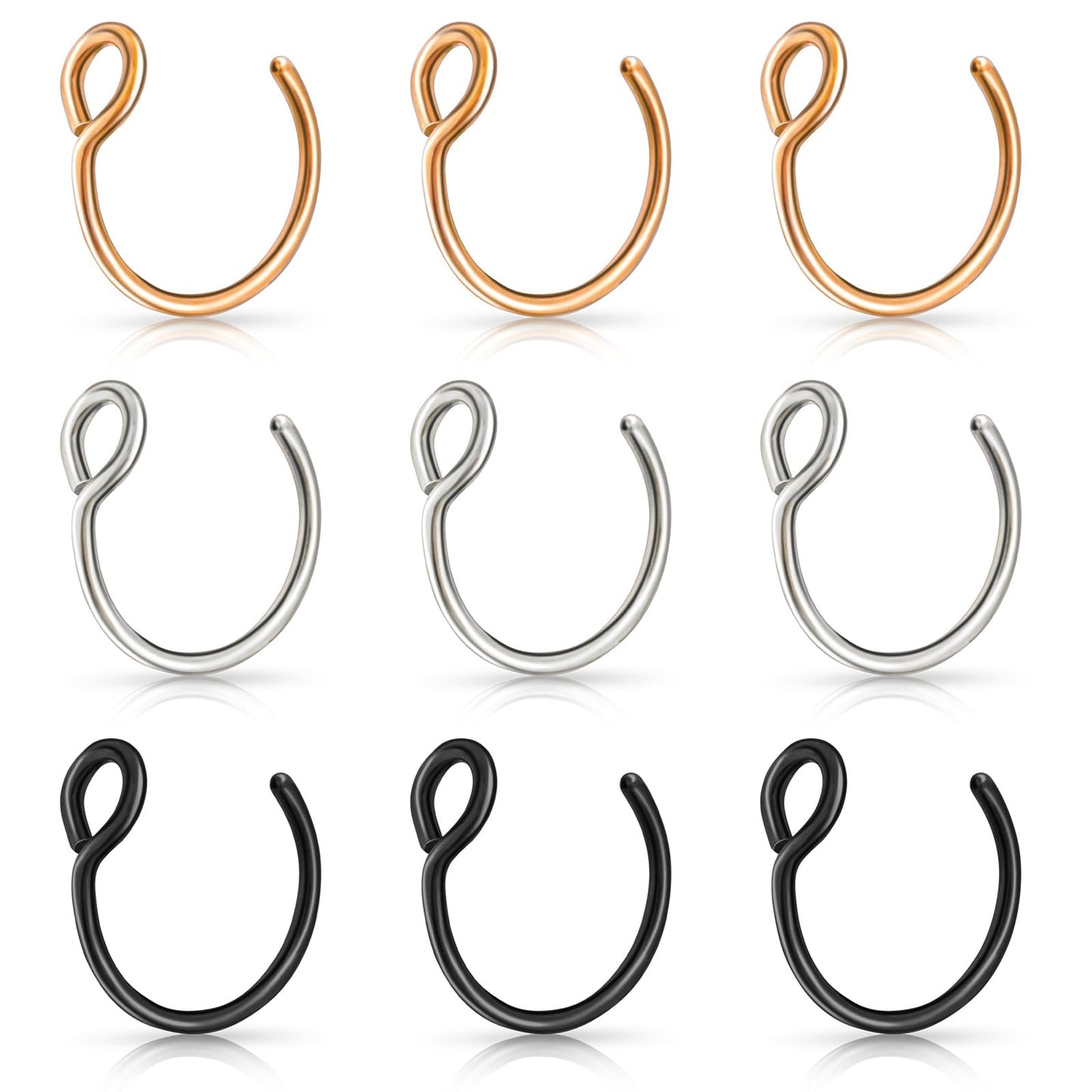Lusofie 9Pcs Fake Nose Rings,Fake Nose Ring Hoop Stainless Steel Nose Hoop for Faux Lip Septum Nose Ring Set