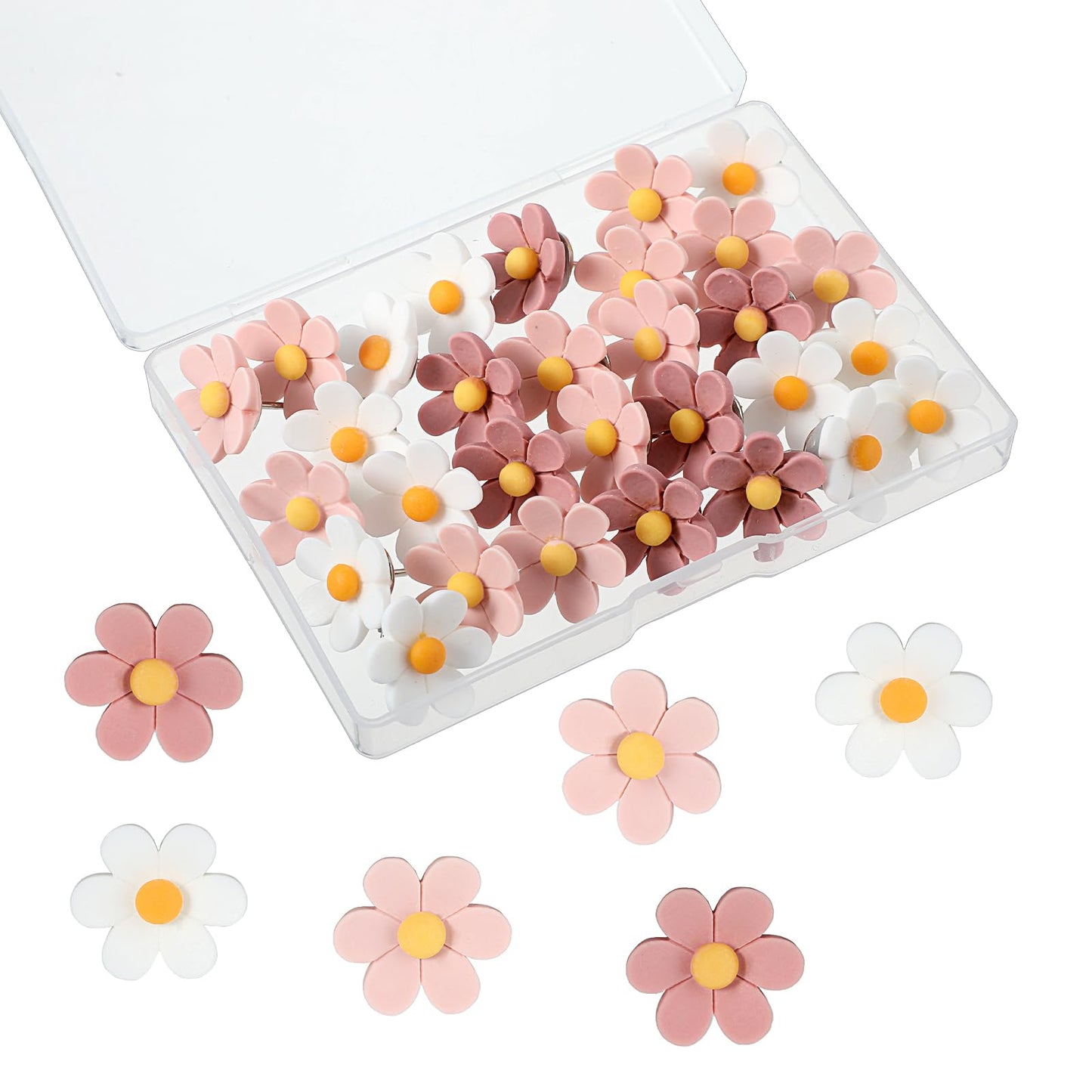 Flower Drawing Pins 30 Pcs Push Pins for Pin Board, 0.5Inch Cork Board Pins Cute Push Pins for Notice Board Pins Cork Boards Cardboard Hanging Posters Wall Decorations(Pink + White)