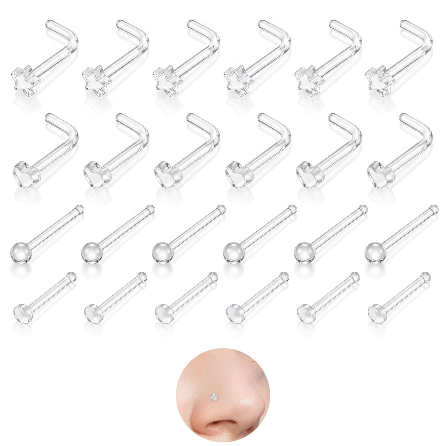 Fiyooau 24Pcs Clear Nose Studs, 20G I & L Shape Plastic Nose Piercing Retainer, Round Star Heart Flat Top Invisible Clear Nose Rings for Surgery Sport School Work, 7mm