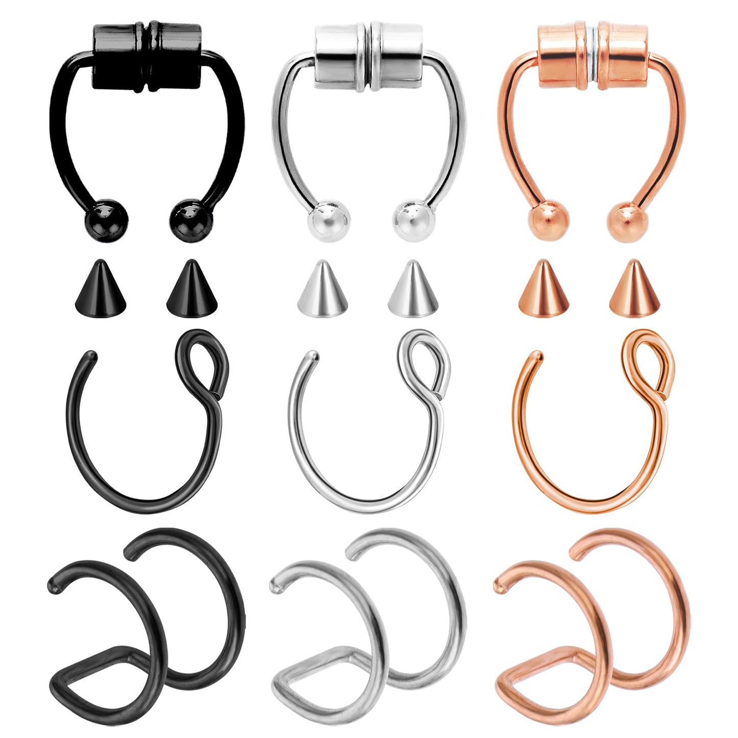 Yolev 9Pcs Septum Piercings Stainless Steel Magnetic Nose Ring Fake Nose Ring Horseshoe Stud Fake Nose Piercing Fake Septum Piercing Fake Septum Ring Faux Nose Rings for Women