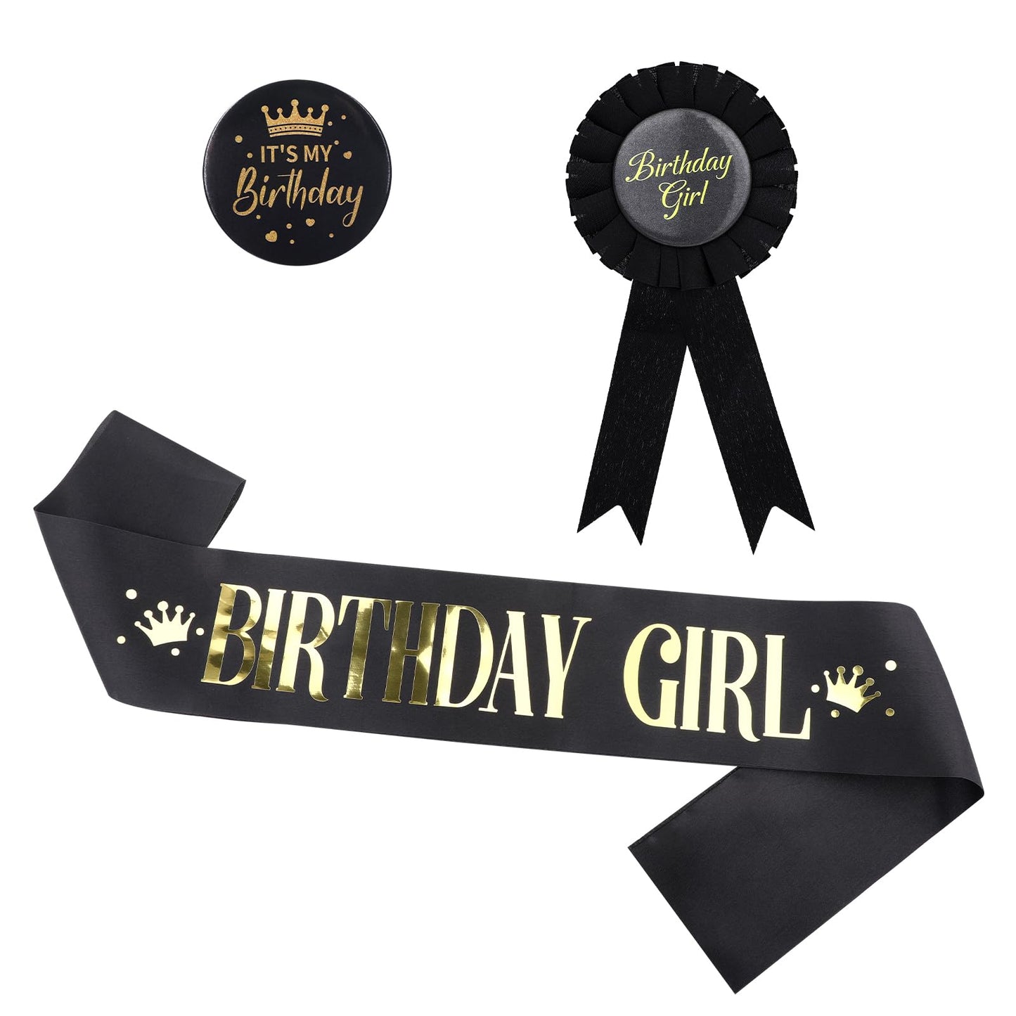 Lusofie 3Pcs Black Birthday Sash for Girls, Birthday Princess Sash Its My Birthday Pin Birthday Badge Party Decoration Supplies for Women Girls