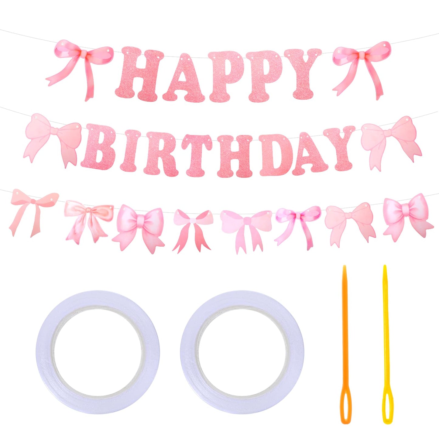 Bow Happy Birthday Banner Garland Cardboard PP Bow Birthday Banner for Girls Pre-Strung Pink Coquette Bow Birthday Party Decorations Coquette Birthday Decorations Dreamy Bow Party Decorations
