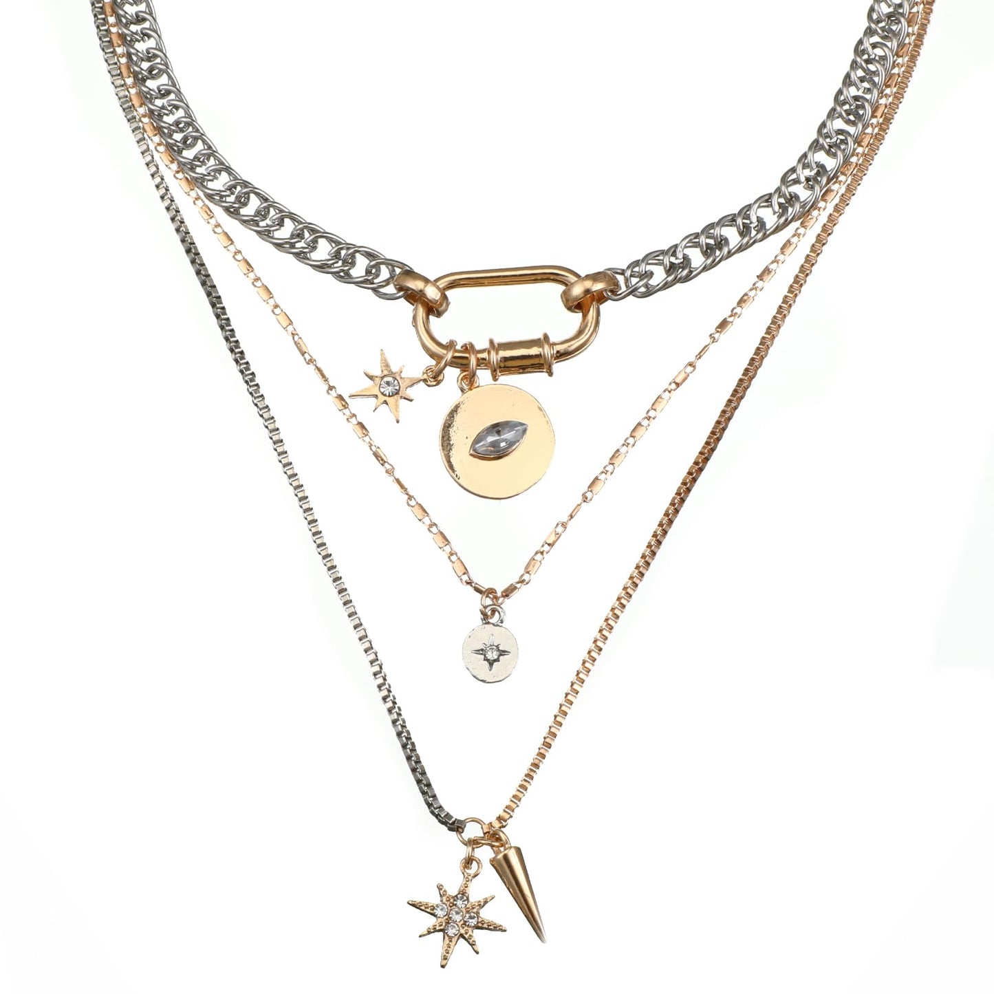 Tucnoeu Gold Layered Necklaces for Women, 3PS Stacked Chunky Necklace, Mixed Metal Necklace with Silver Coin Pendant and Paperclip Chain, Trendy Statement Jewelry Gift