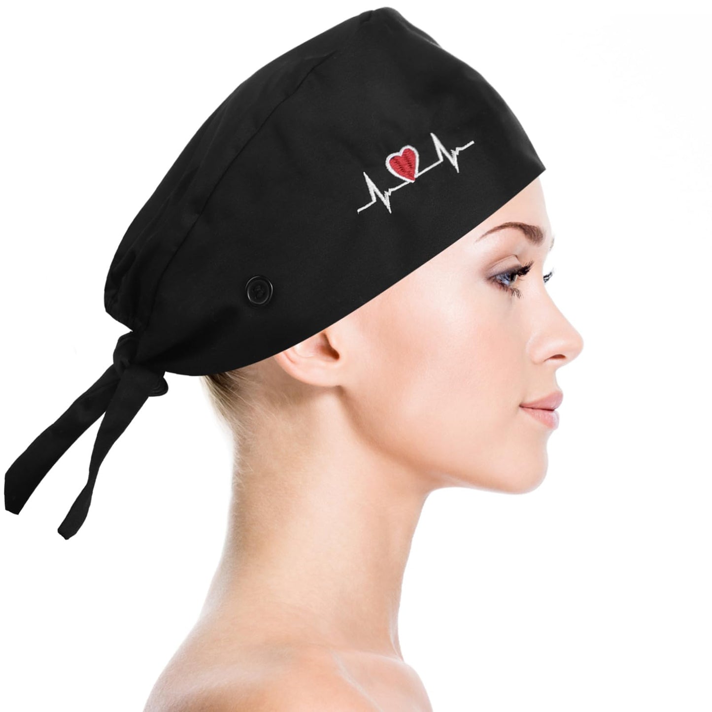 HaiFafafaing Adjustable Scrub Cap Satin Lined Scrub Hat for Women and Men Black Surgical Caps with Buttons, Elastic Bandage and Tie Back One Size