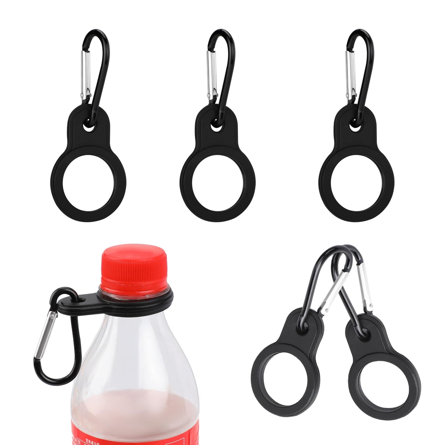 Lusofie 6 Pcs Black Water Bottle Clip with Carabiner Water Bottle Holder Buckle Portable Silicone Water Bottle Ring Holder with Carabiner Suitable for Traveling Camping Hiking Outdoor Activities