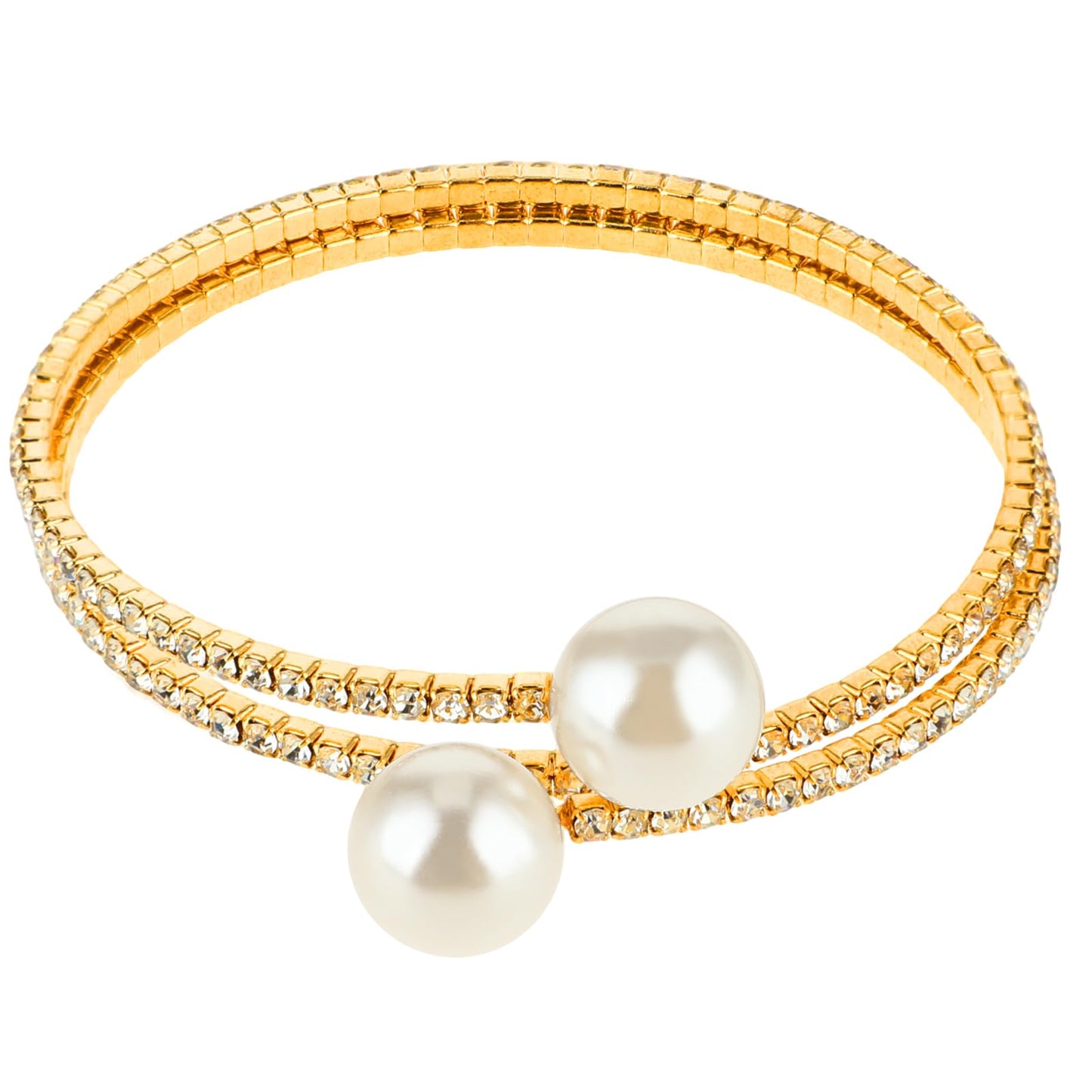 Telooco Tennis Cuff Bracelet for Women Pearl Open Cuff Bracelets 1920s Stretch Bangle Bracelet Adjustable Bling Bridal Rhinestones Bracelets(Gold)