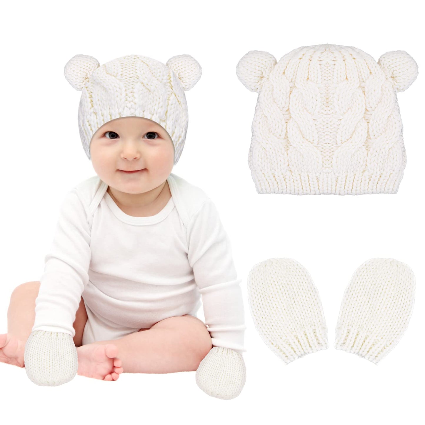 Lusofie Unisex Baby Toddler Hat and Mitten Set Winter Knitted Thick Warm Beanie Cap Gloves for Baby Girls Boys Infant Toddler White