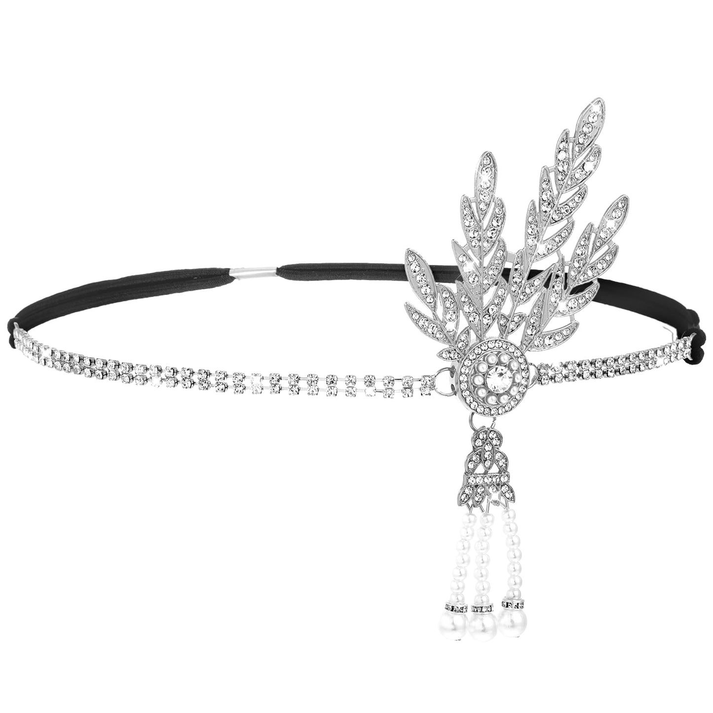 Yolev 1920's Flapper Headband Leaf Rhiestones Flapper Headpiece Pearl Tassel Head Bands Silver Headpiece Head Jewelry for Women Bride Wedding Parties Hair Headband Accessories