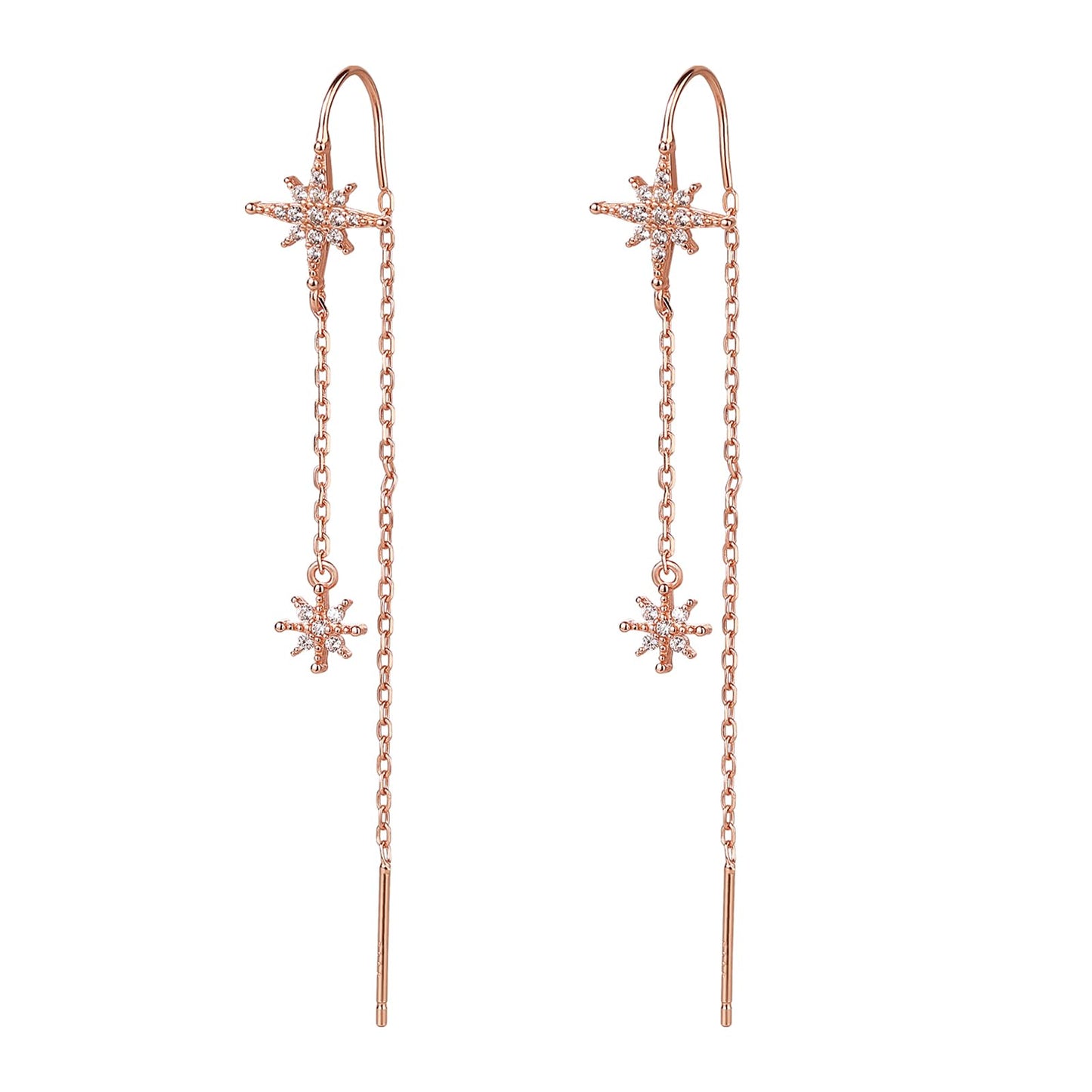 Lusofie Threader Earrings for Women, Rose Gold Star Dangle Earrings with Long Chain Tassel for Wedding Prom