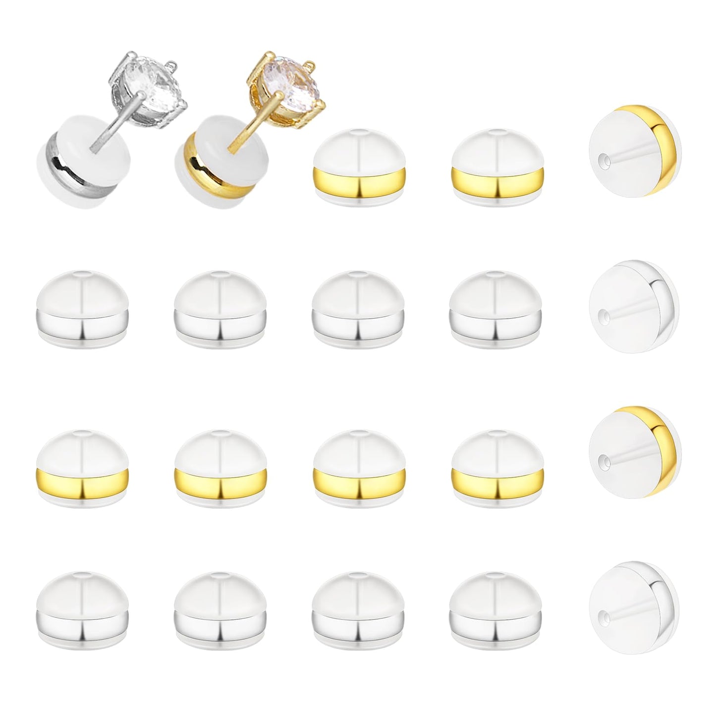 DIVINA VITAE 20PCS Silicone Earring Backs Silver Gold Soft Rubber Pierced Earring Backs Replacements for Studs Loose Heavy Earring Droopy Ear Lifting