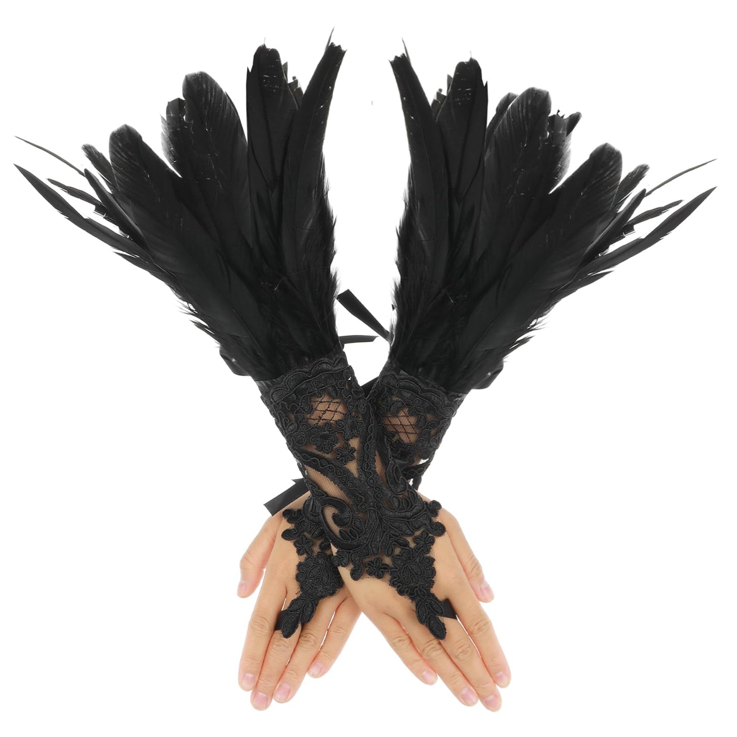 Women's Feather Lace Long Gloves Black Lace Fingerless Gloves Halloween Costume Party Gloves Opera Cosplay Costume Accessories