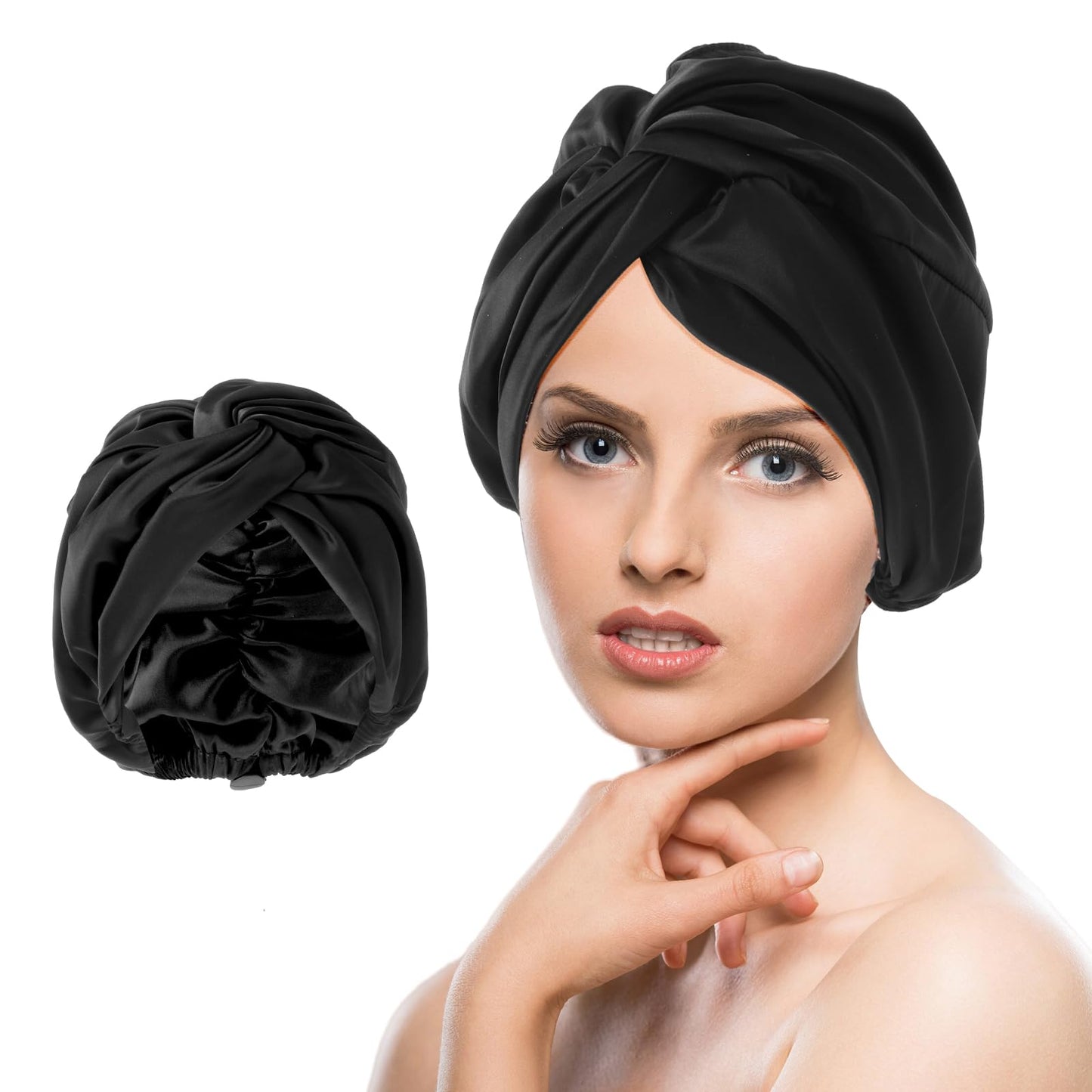 Silk Bonnet for Sleeping Women Satin Hair Bonnet with Tie Band Black Silk Hair Bonnet for Washing Makeup and Sport(Black)