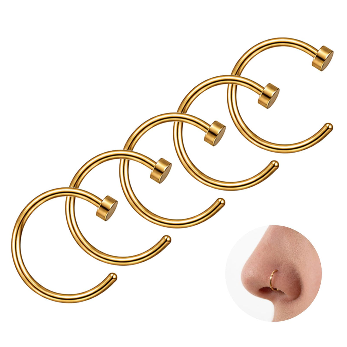 5PCS 20G Stainless Steel Nose Hoop Rings C-Shaped Hoop Nose Rings Piercing
