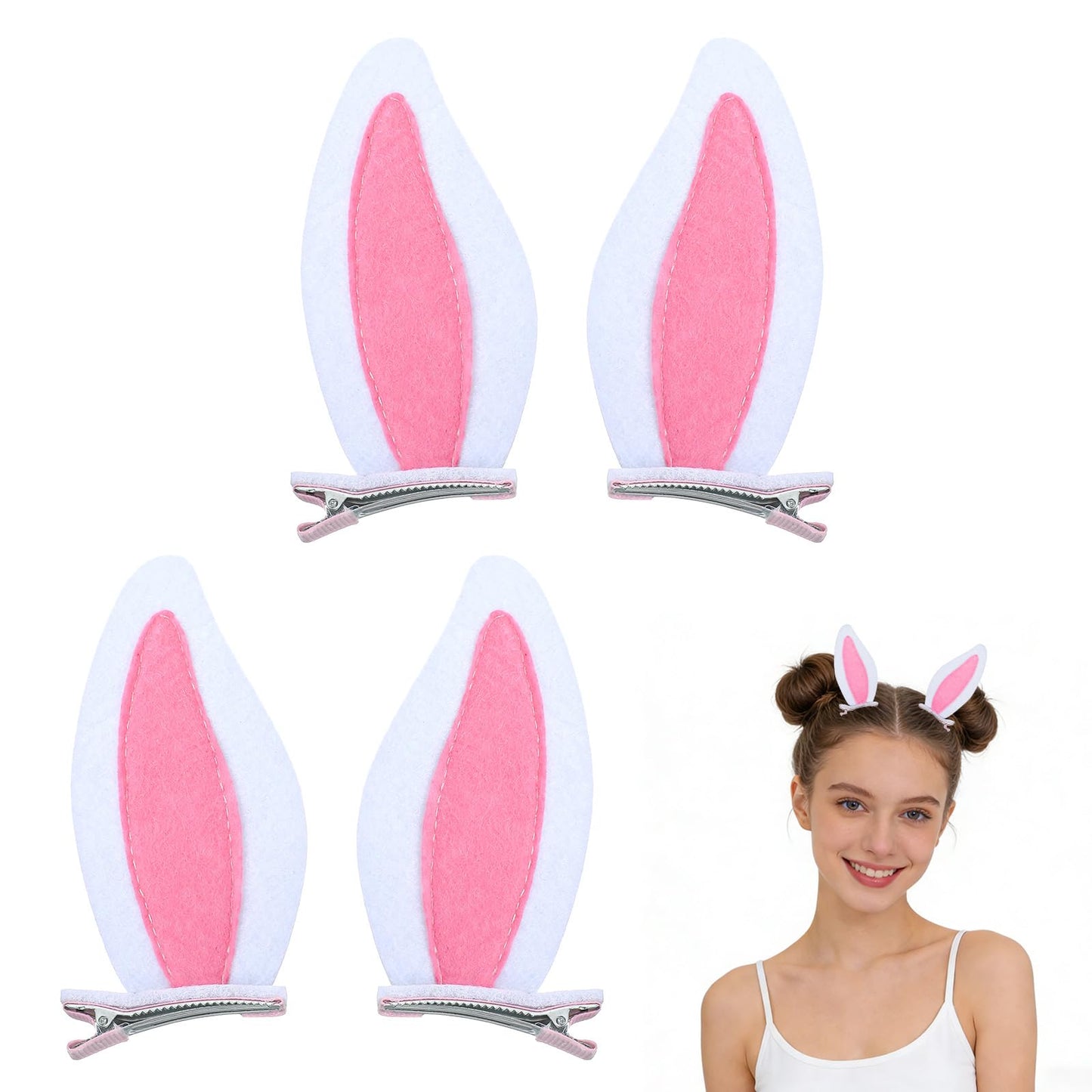 2 Pairs Bunny Ears Hair Clips, Felt Rabbit Hair Accessories For Easter Halloween Christmas, Toddler Girls Women, White Pink