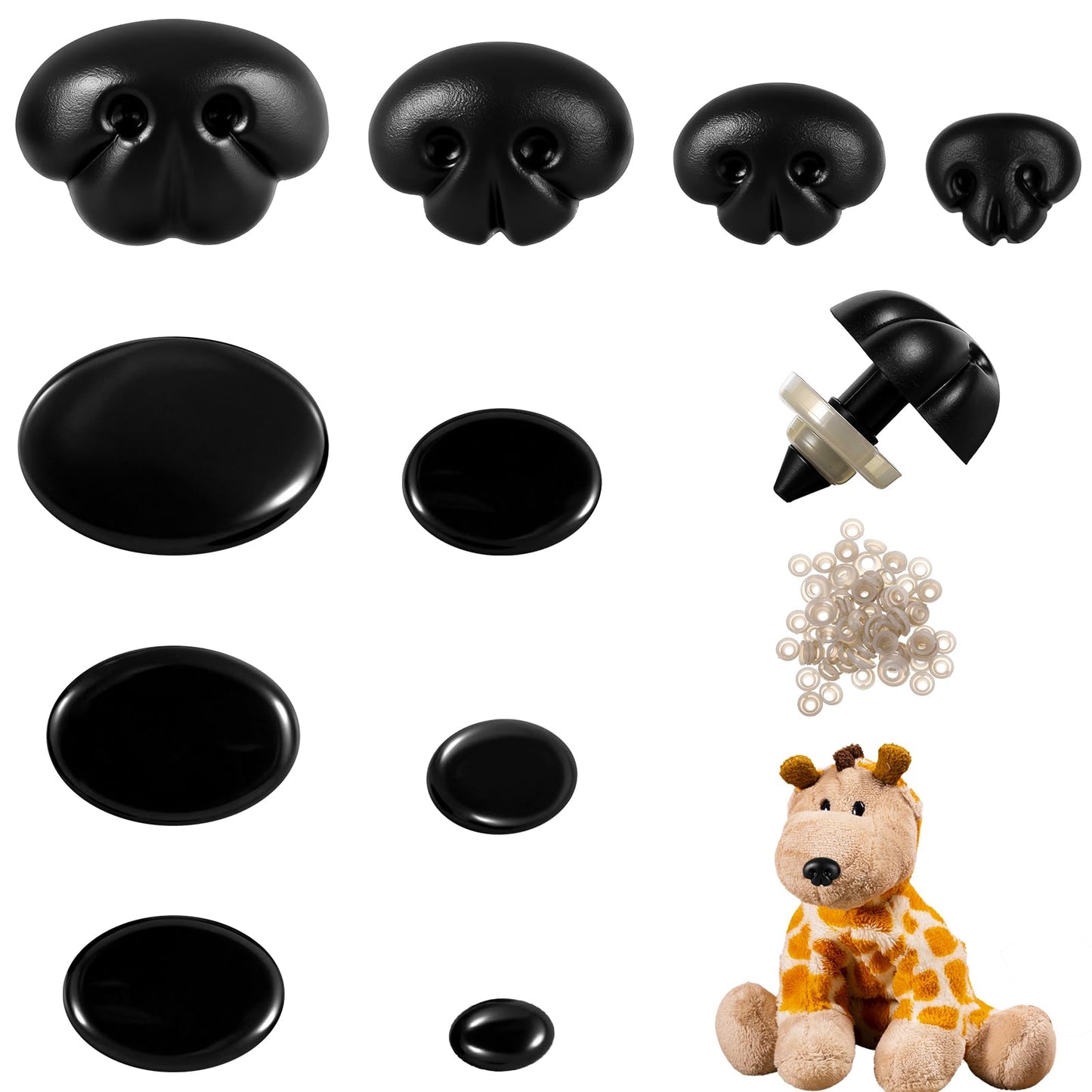 100PCS Safety Noses for Crochet Animals with 100PCS Washers, Different Sizes Safety Noses, Plastic Black Craft Nose for Crochet Animals, Crafts, Puppets, Plush Animal, and Doll Making