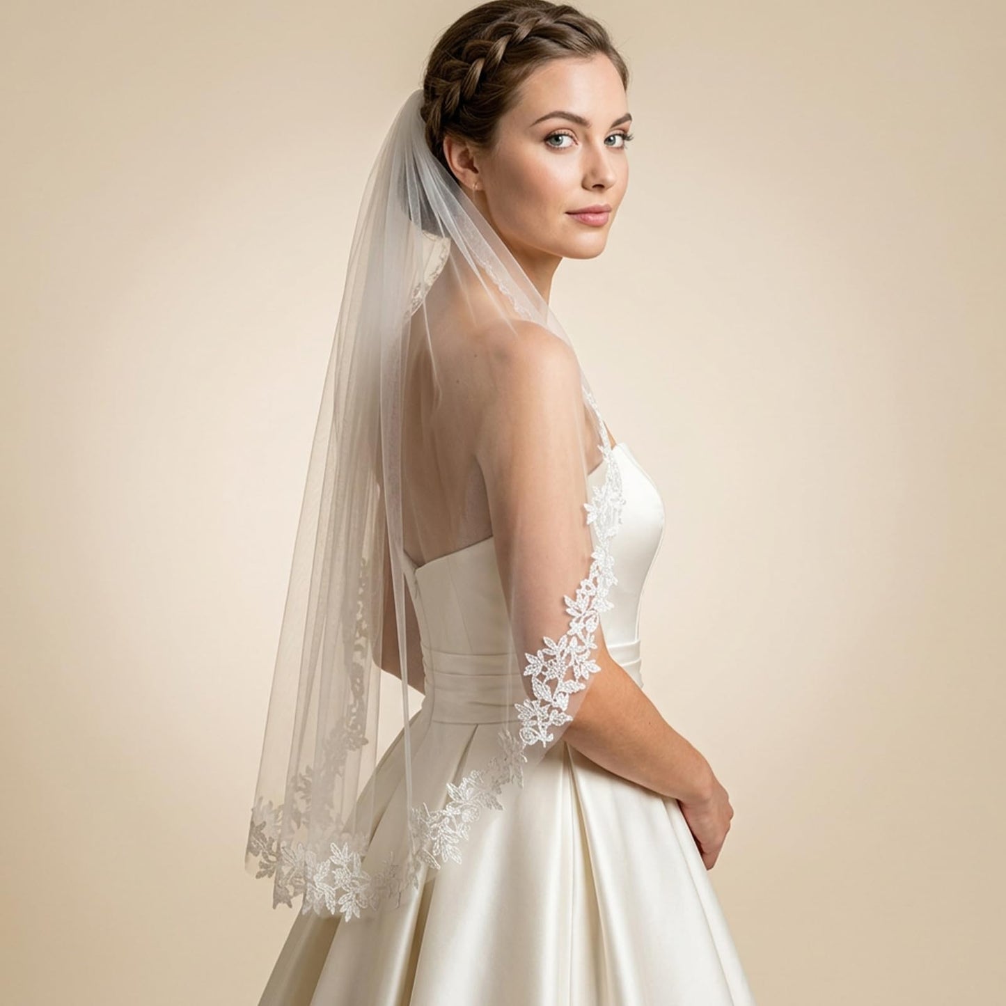 Wedding Bridal Veil with Metal Comb, 1 Tier Floral Edge Bridal Tulle Veil