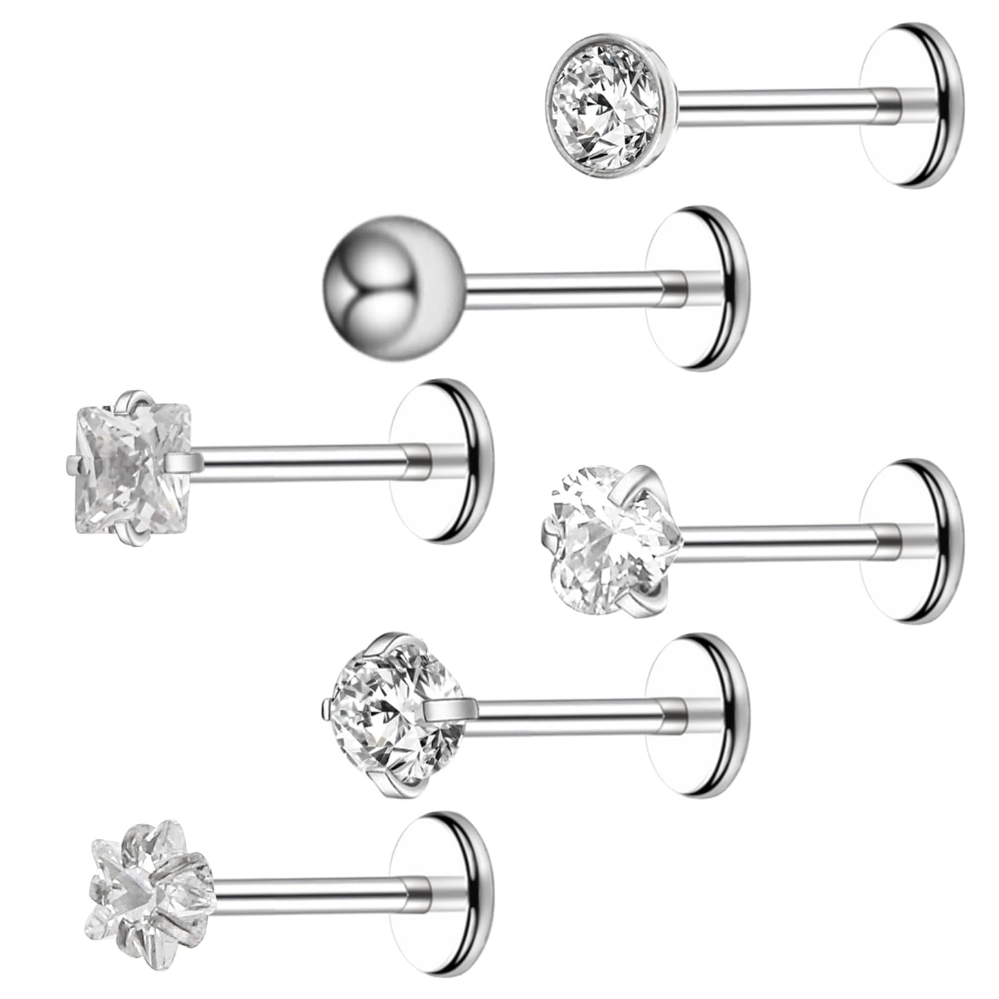 6Pcs Stainless Steel Nose Studs Labret Bars Lip Stud Rhinestone Cartilage Earrings Nose Piercing Jewelry for Women Men (8mm)