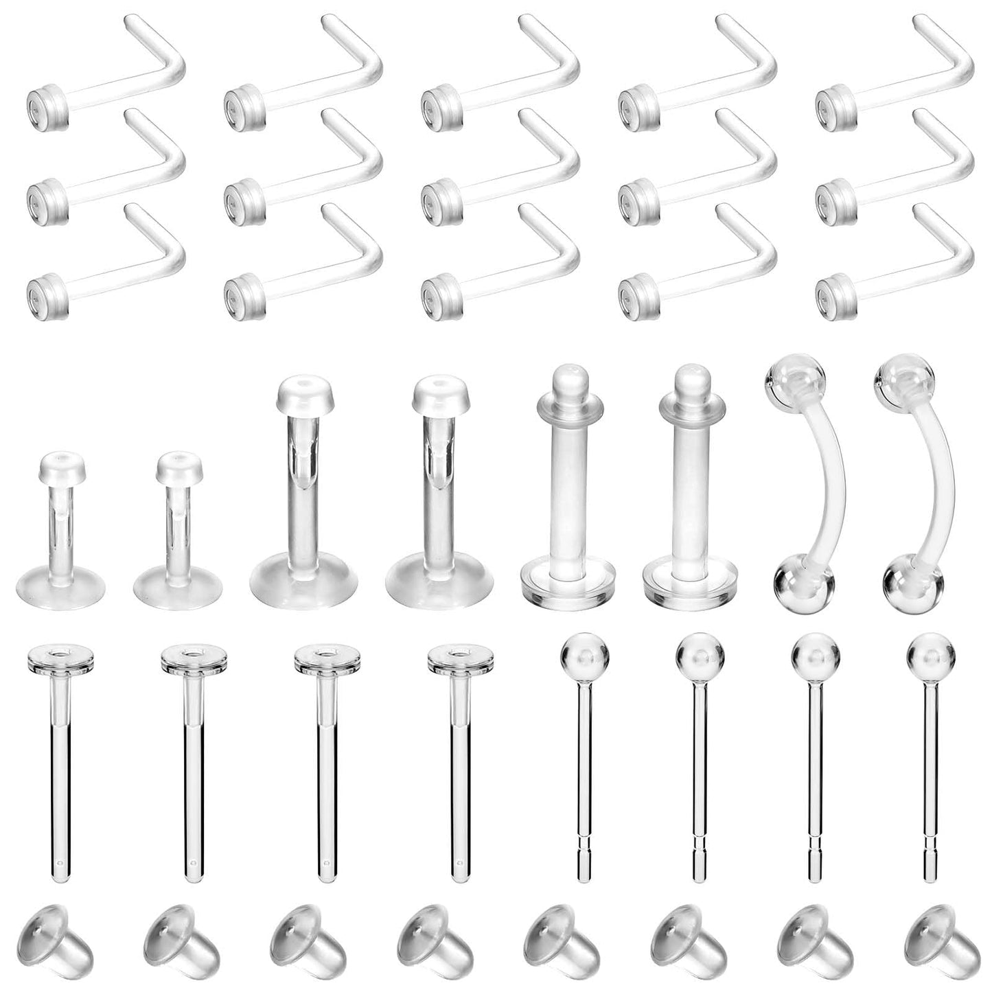 Tucnoeu 31 Pcs Clear Nose Studs for Surgery,Septum Ring Piercing Retainers,Lip Piercing Clear Earrings for Sports Plastic Belly Button Rings