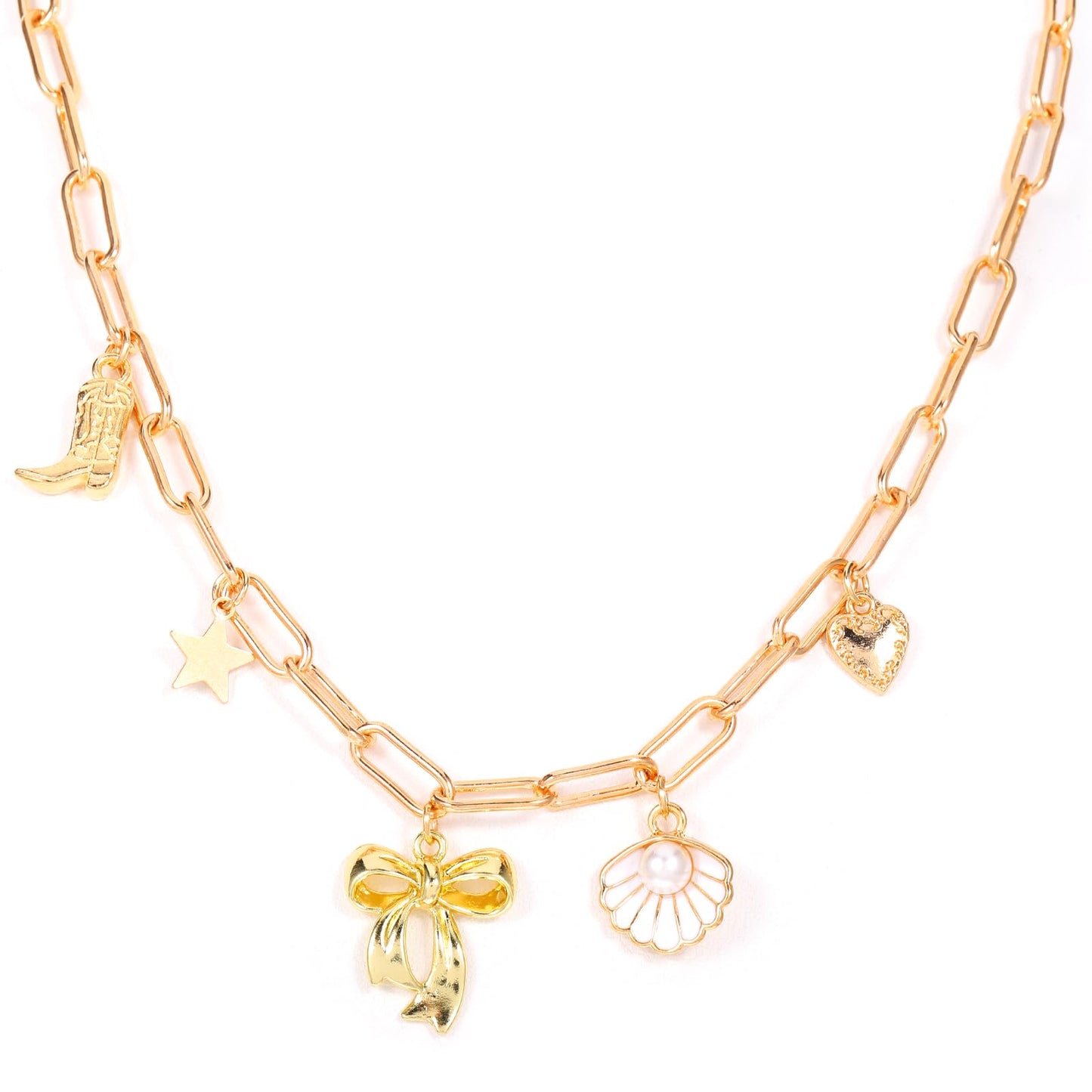 Tucnoeu Gold Charm Necklace for Women,Bow Necklace,Handmade Bow Cowboy Pearl Pendant,Starfish Five Pointed Star Pearl Beach Charms for Necklace