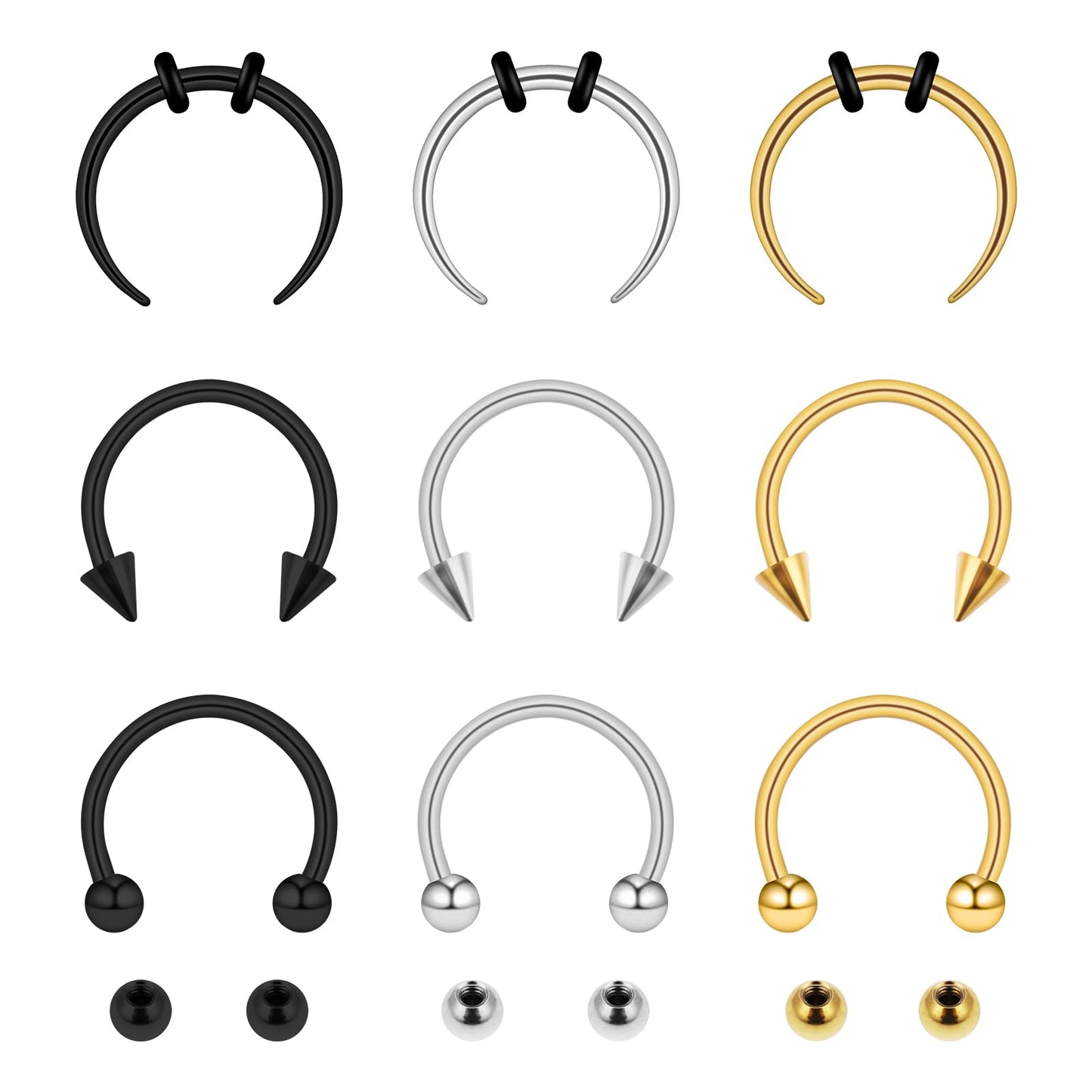 Yolev 9Pcs Stainless Steel Nose Ring Hoop Nose Piercing Jewelry Septum Rings Septum Jewelry 16g 18g Septum Ring Septum Piercing Horseshoe Earring Hoop Lip Ring Silver Black Gold