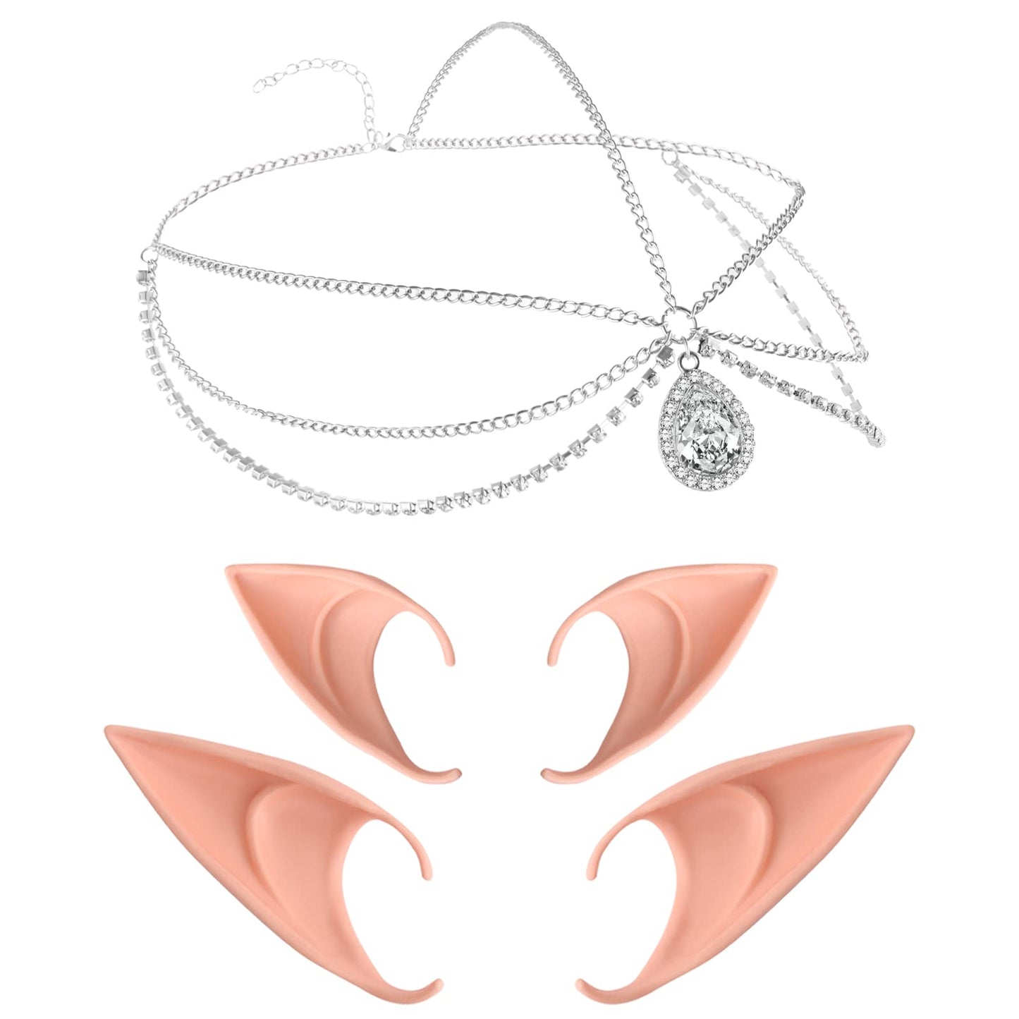 Lusofie Cosplay Fairy Pixie Elf Ears Moon Head Chain Vintage Crystal Headpieces Hair Accessories with Soft Pointed Tips Anime Party Dress Up Costume Masquerade