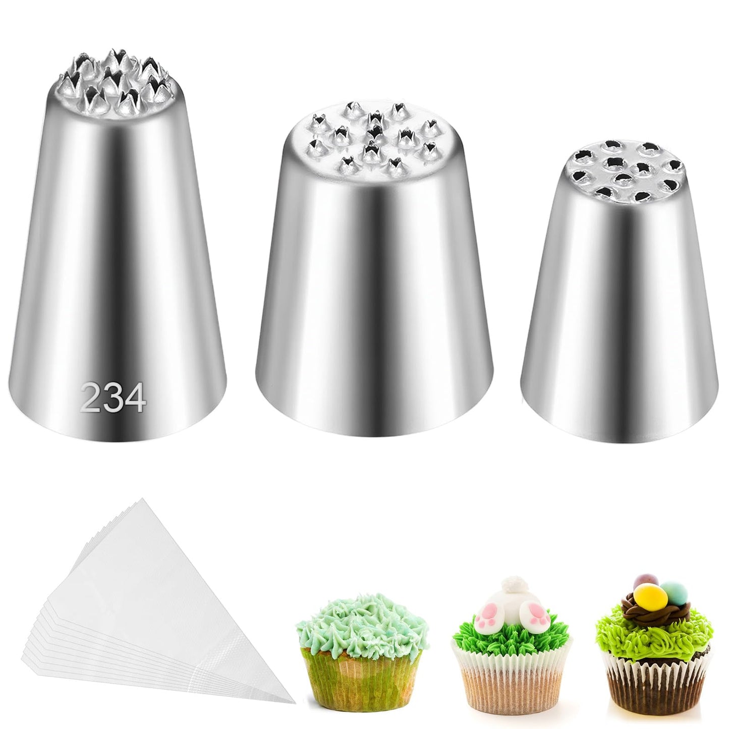 3 Pcs Grass Icing Piping Tips with 10 Pcs Bags, Grass Piping Tip, Professional Icing Tips for Cake Decorating Baking Cookies Cupcakes Pastry
