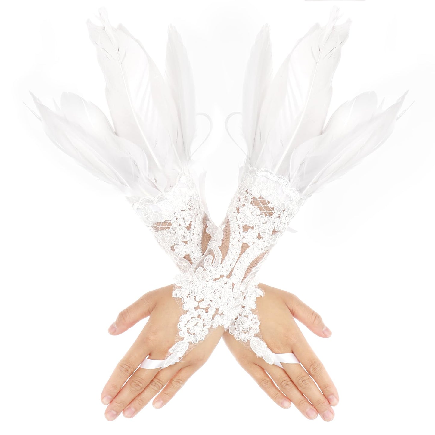 Women's Lace Feather Long Gloves carnival feathers witch costume women swan costume Wedding Halloween Party