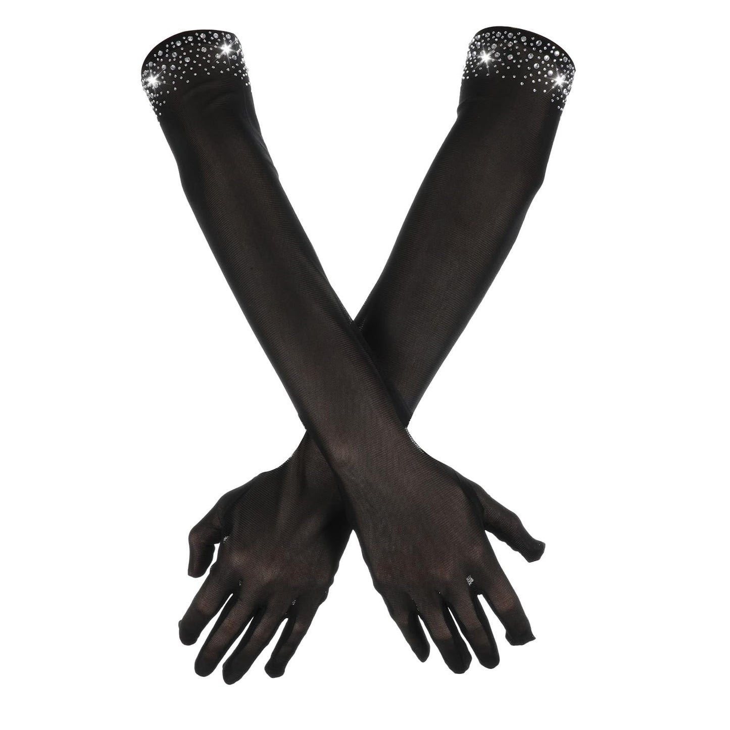 Black Lace Rhinestone Gloves Long Sheer Stretchy Mesh Gloves for Women Elbow Length Sparkly Arm Sleeves for Bridal, Rave, Halloween, Evening, Wedding, Party, 1920s