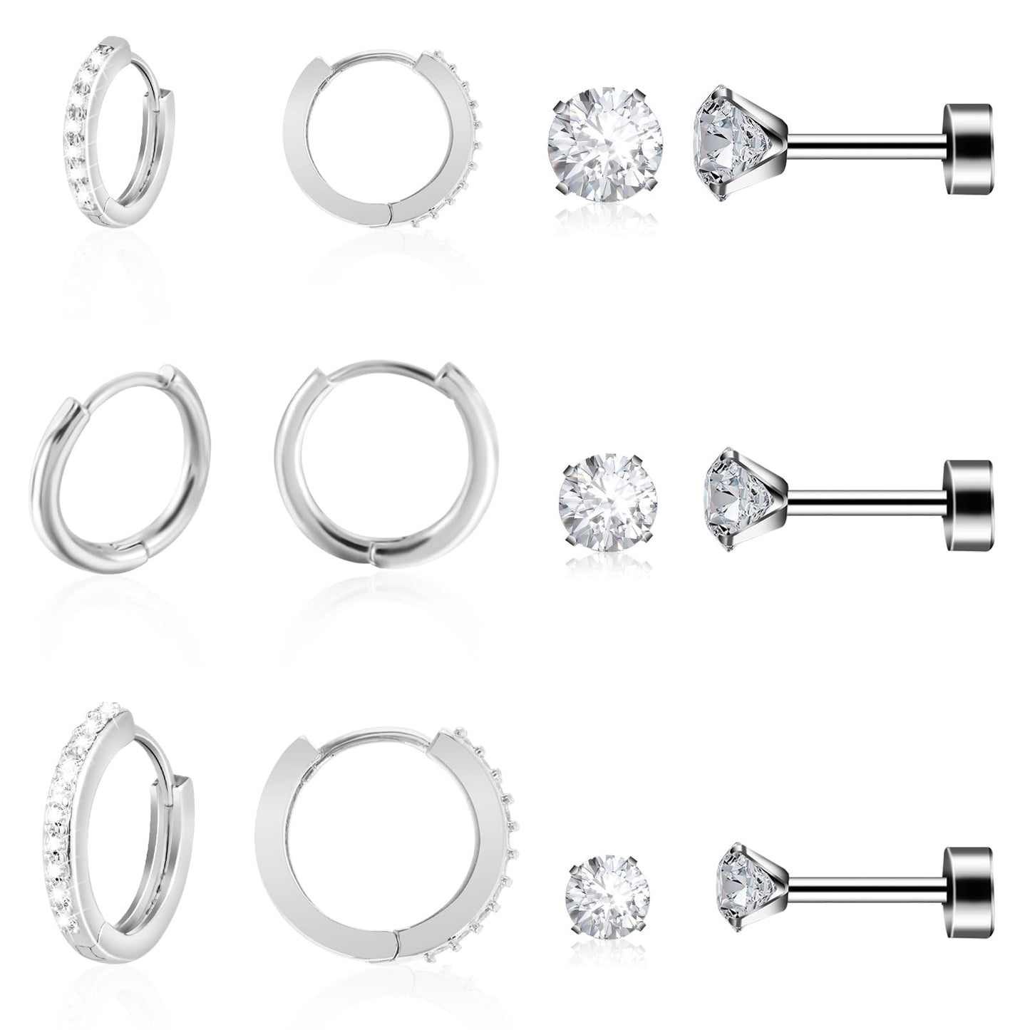 Telooco Silver Earrings Sets for Multiple Piercing 6 Pairs Stainless Steel Earrings Small Huggie Hoop Flat Back Surgical CZ Stud Earrings for Women Cartilage Piercing