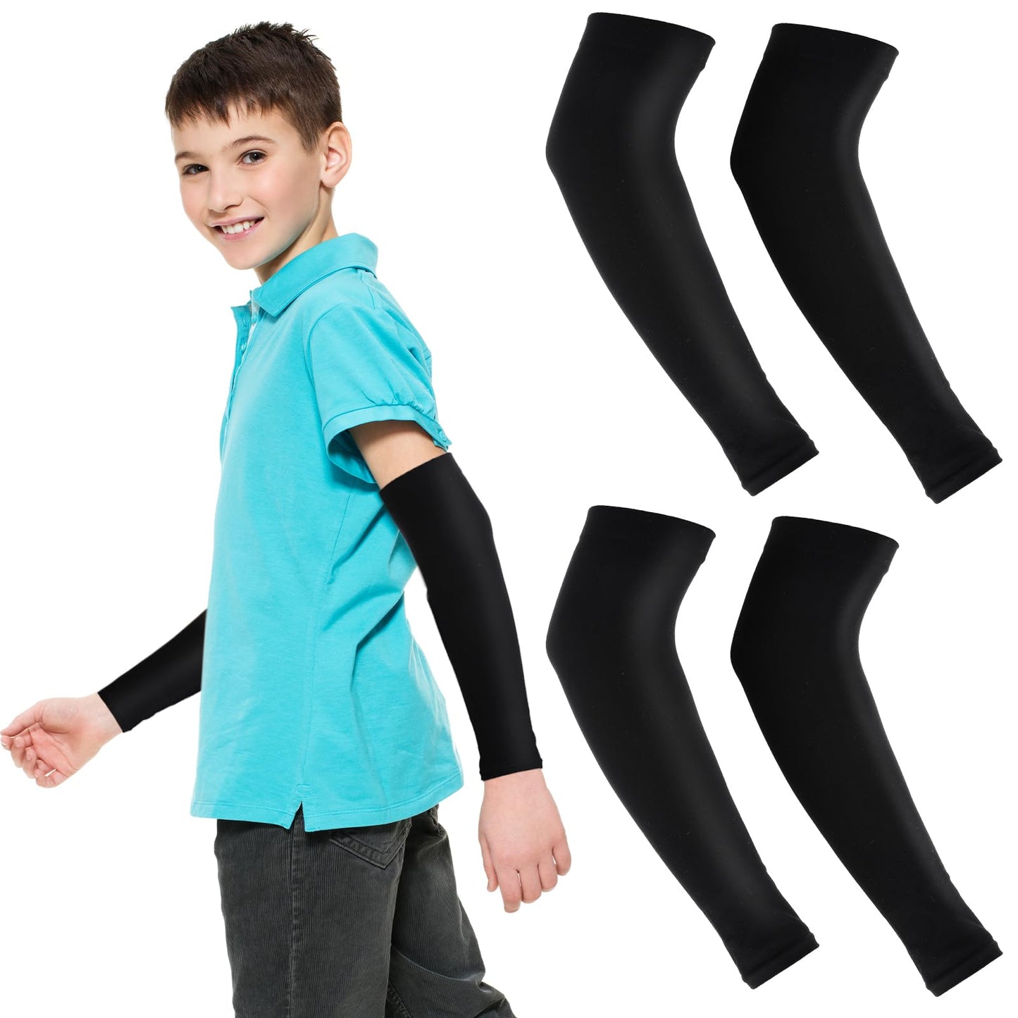 Telooco 2 Pairs Black Compression Sleeves Ice Silk UV Sun Protection Arm Cover for Kids Boys Girls