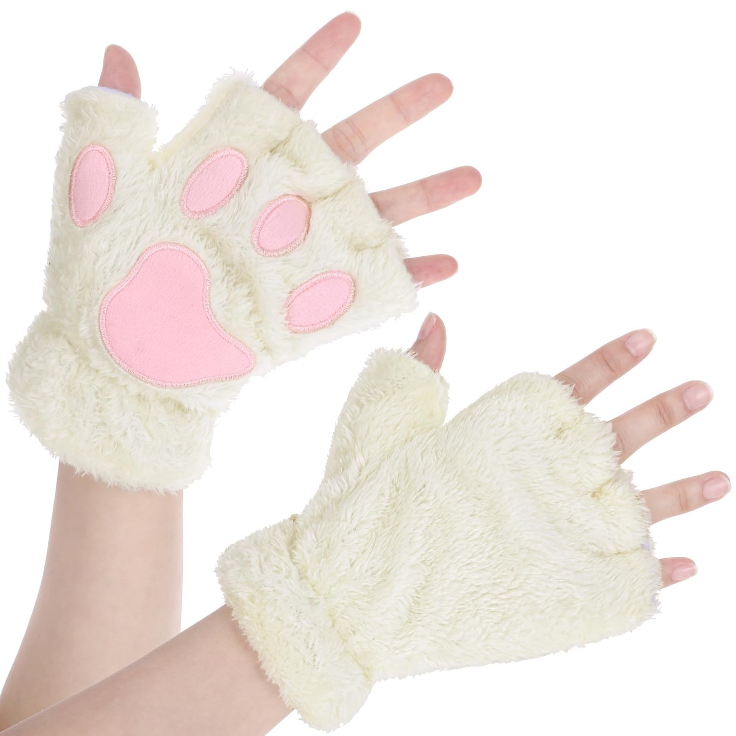 Cat Paw Gloves Kawaii Fingerless Gloves for Women Winter Furry Cat Gloves Cute Faux Fur Plush Half Finger Paws Gloves for Girls Women Halloween Cosplay Costume Accessories