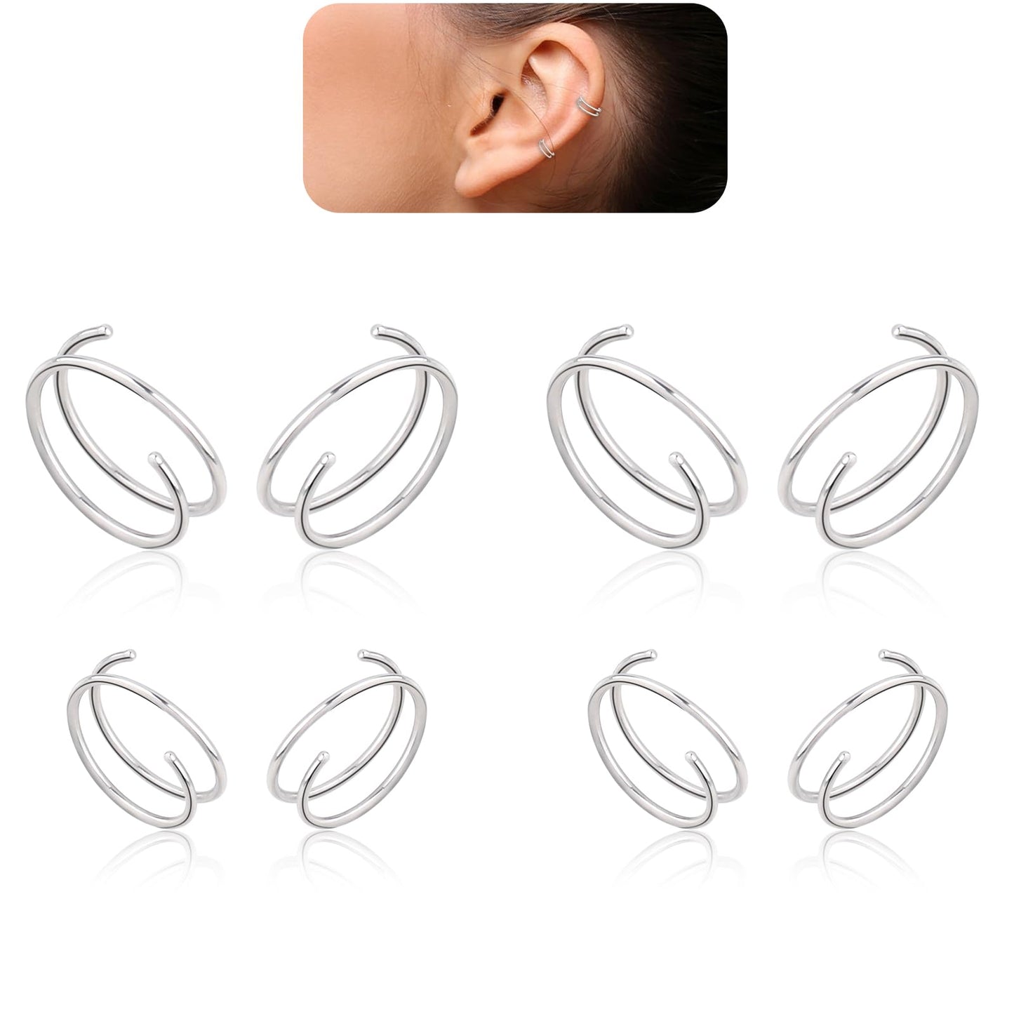 DIVINA VITAE 8Pcs Spiral Nose Ring Double Hoop Nose Ring for Single Piercing, 8/10mm Double Twist Earrings 316L Stainless Steel Spiral Earrings for Women (Silver)