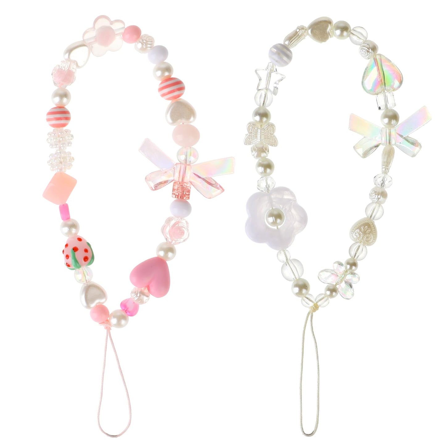 DIVINA VITAE 2 Pcs Cute Phone Charm Strap Pink Phone Charm Aesthetic Beaded Phone Strap Phone Lanyard Wrist Strap Strawberry Flower Butterfly Phone Charm for Women Girl Gifts(White and Pink)