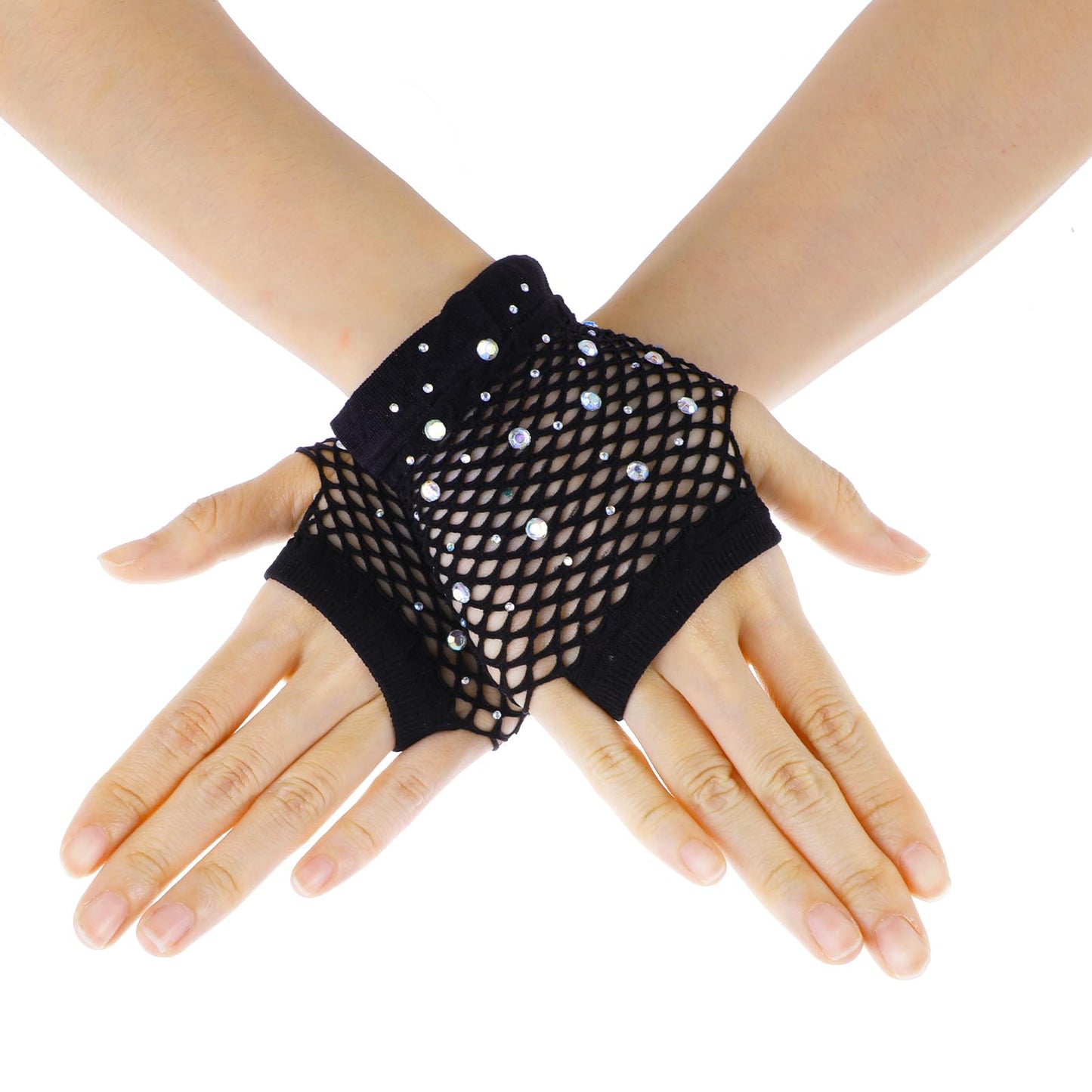 Lusofie Rhinestone Fishnet Gloves Short Fingerless Gloves for Women 80s Accessories Mesh Gloves for Costume Evening Party Halloween Cosplay Supplies(Black)
