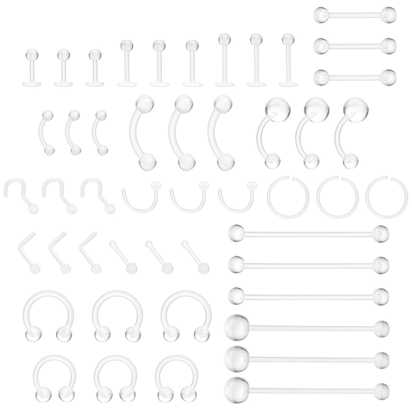 Yolev 48Pcs Clear Piercing Jewelry Piercing Retainer Acrylic Clear Septum Ring Clear Nose Studs Rings Lip Cartilage Tongue Belly Tongue Nipple Belly Bars Eyebrow