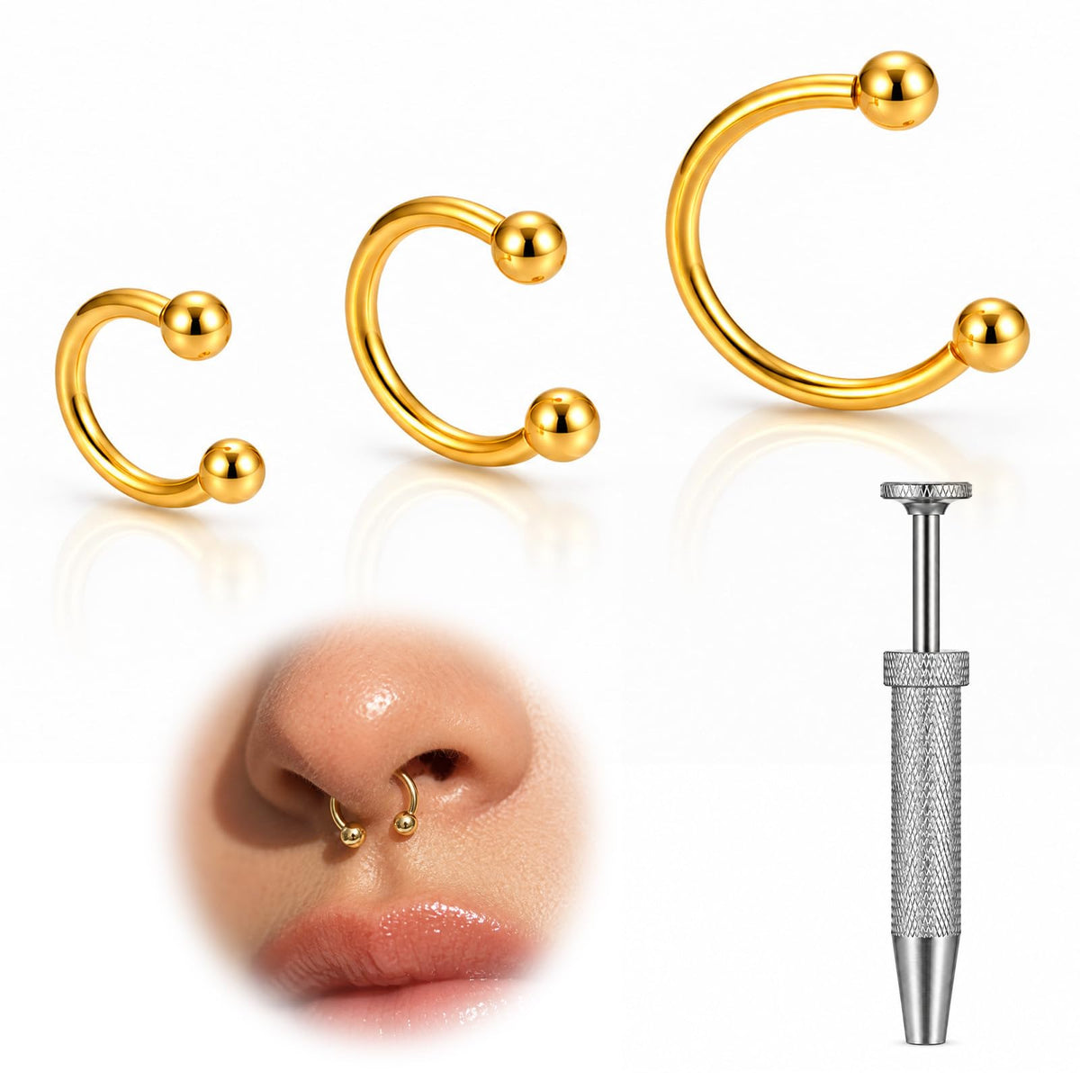 16g Horseshoe Nose Ring with Tool, Surgical Steel Gold Septum Ring