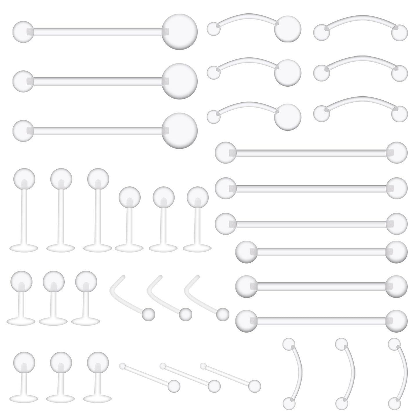 Lusofie 36Pcs Clear Piercing Retainer Plastic Nose Rings Navel Belly Button Ring Lip Labret Eyebrow Tongue Barbells Cartilage Tragus Clear Piercing Jewelry for Surgery