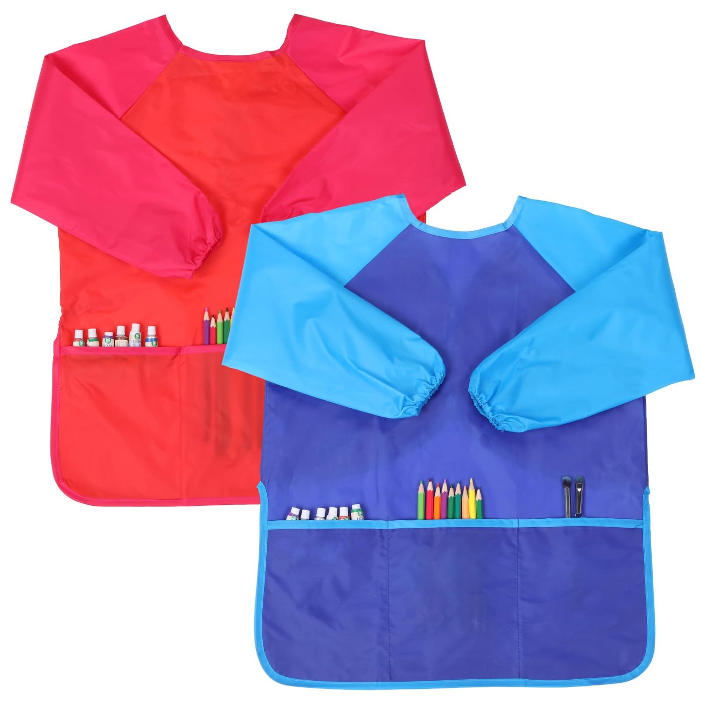 Yolev Kids Art Smock, 2Pcs Waterproof Polyester Children Paint Apron, Long Sleeve Drawing Apron with 3 Pockets for Ages 3-8 Years (Red+Blue)